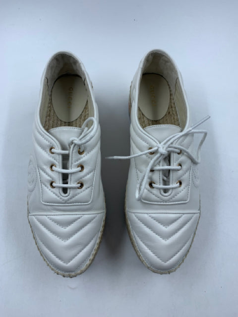 Gucci White Leather Quilted Platform Size 37.5 Espadrilles