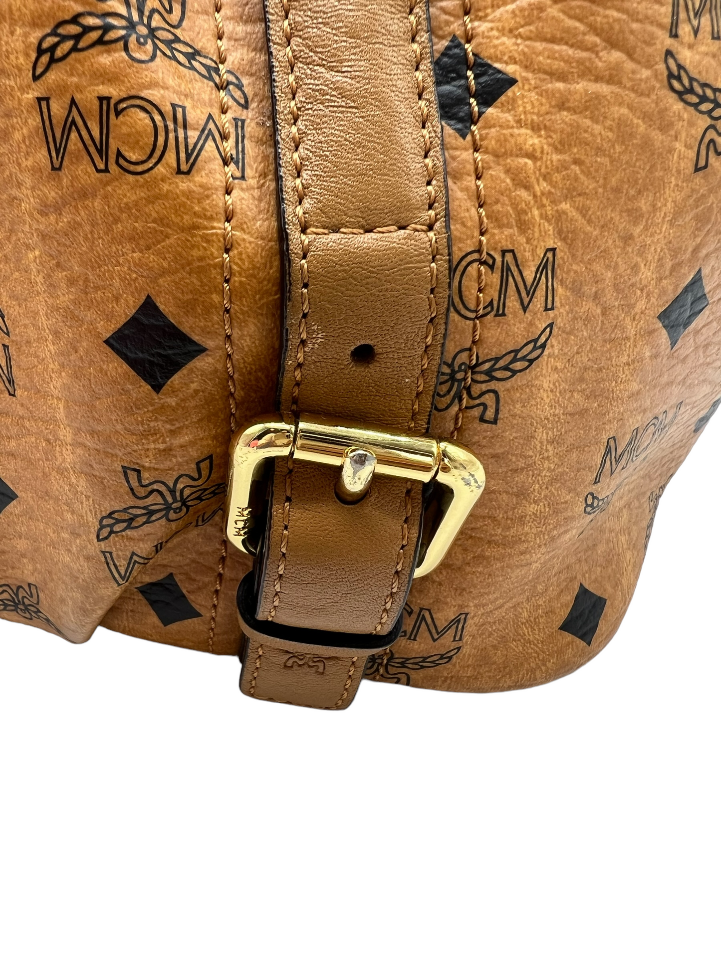 MCM Cognac Tan Visetos Heritage Pleated Buckle Shoulder Bag