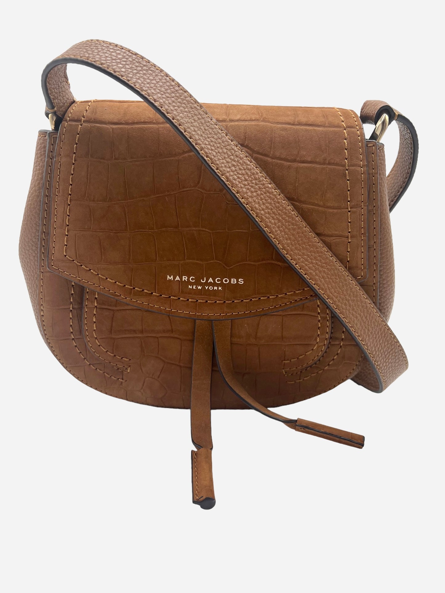 Marc Jacobs Tan Suede Croc Embossed Maverick Saddle Bag Crossbody