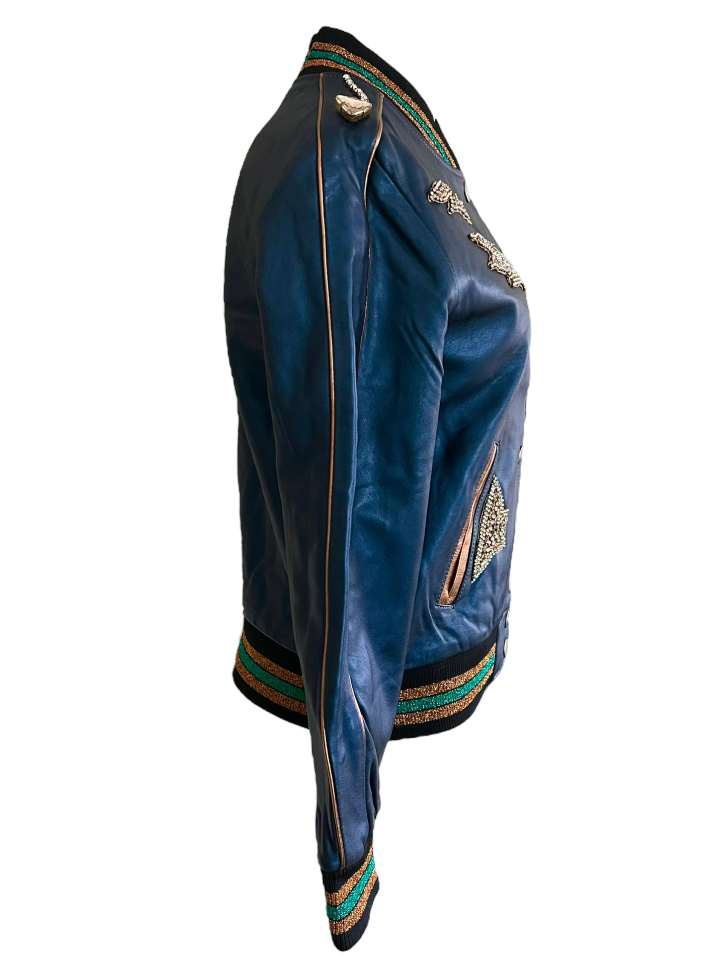 Coach Size 2 Metallic Leather Cadet Blue Shrunken Leather Embellished Varsity Jacket