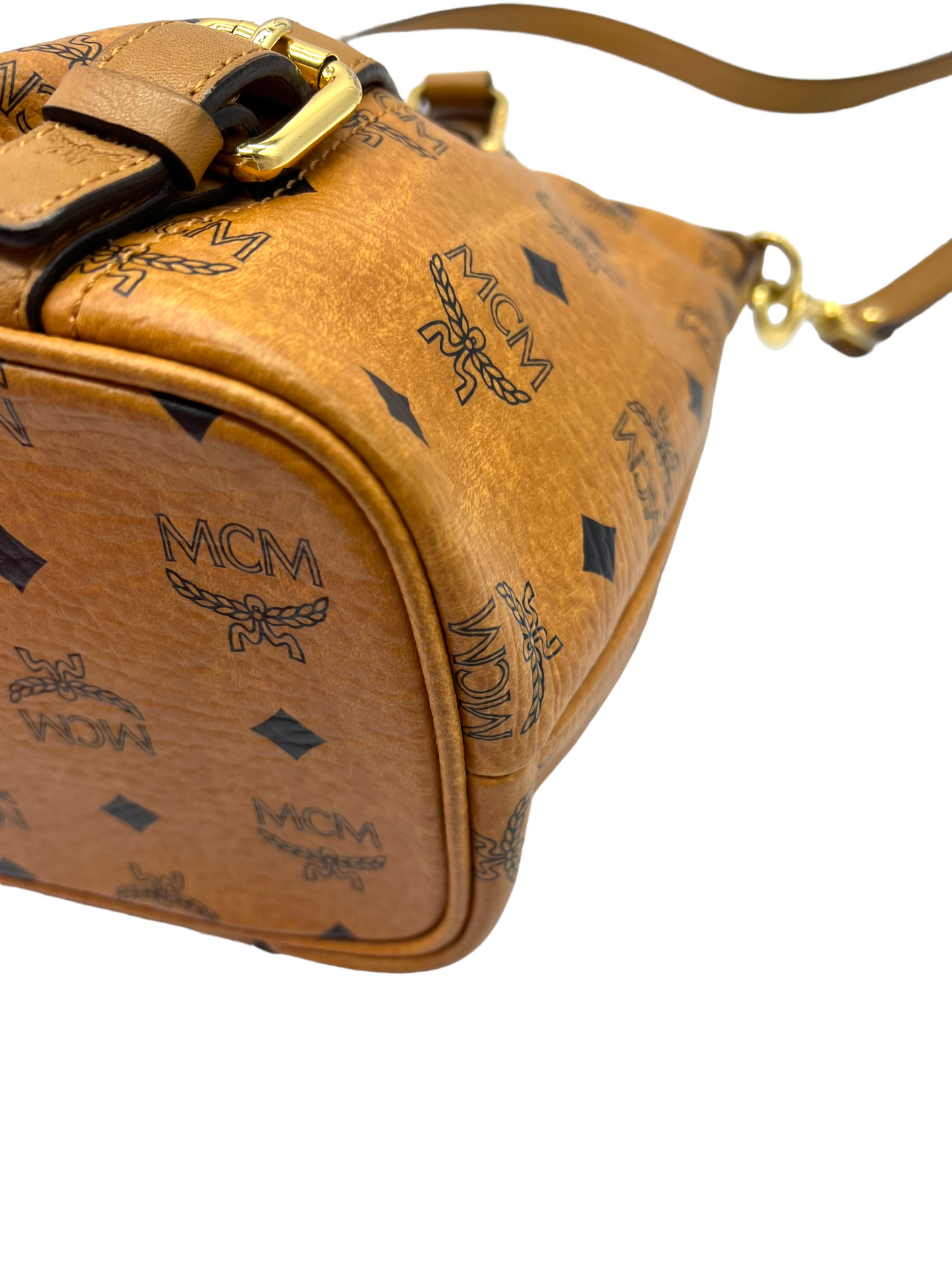 MCM Cognac Tan Visetos Heritage Pleated Buckle Shoulder Bag