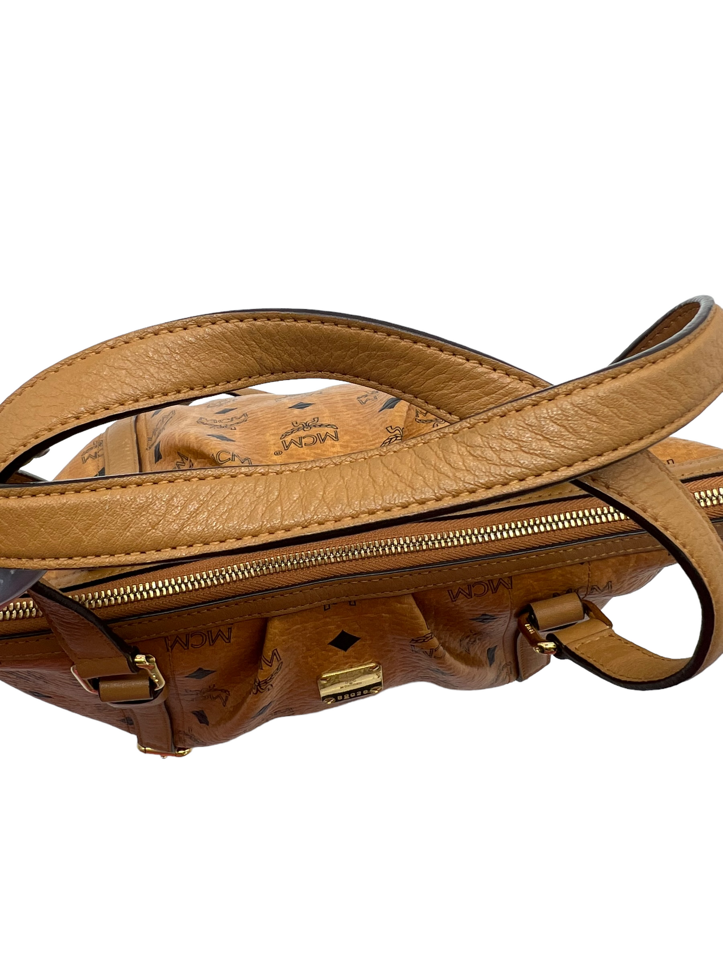 MCM Cognac Tan Visetos Heritage Pleated Buckle Shoulder Bag