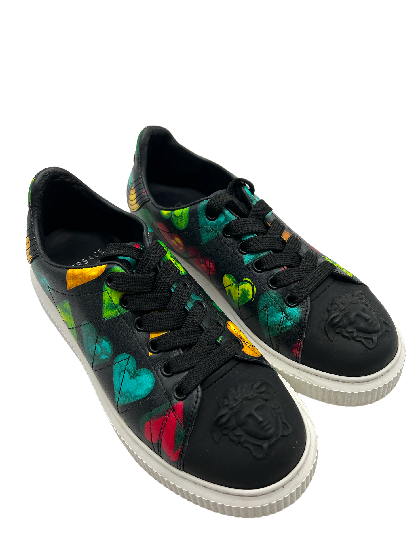 Versace Black Heart Print Medusa Head Low Top Size 38 Sneakers
