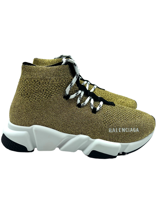 Balenciaga Gold Metallic Knit Lace Up Size 8 Speed Trainer Sneakers