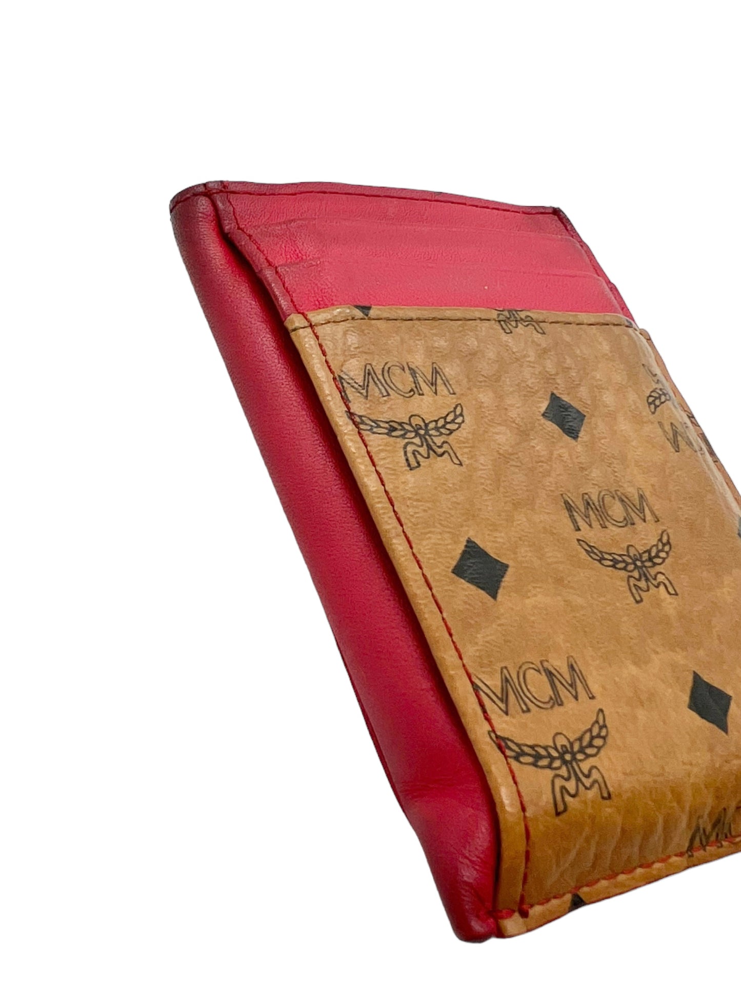 MCM Tan & Red Visetos Heritage Card Holder