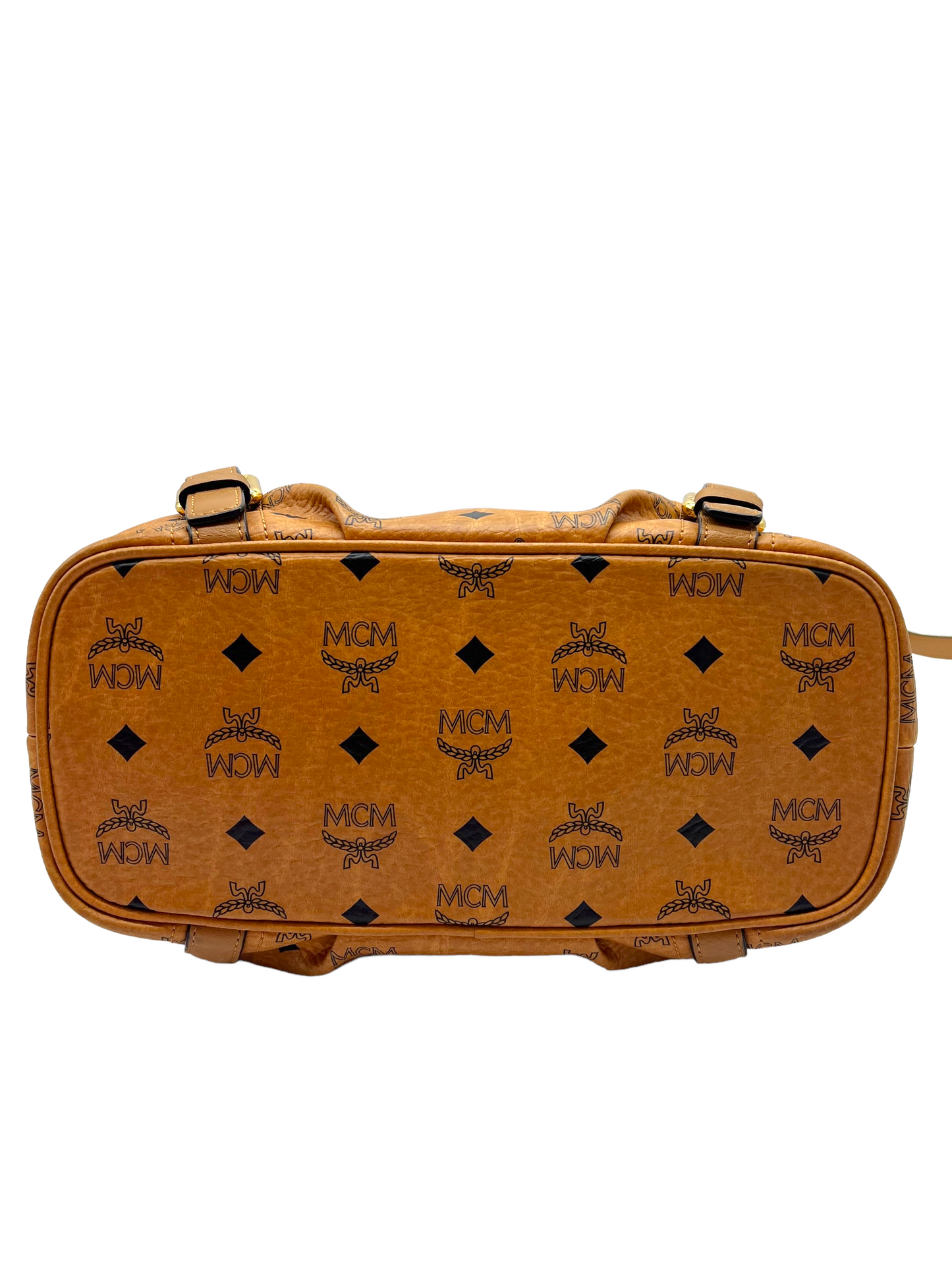 MCM Cognac Tan Visetos Heritage Pleated Buckle Shoulder Bag