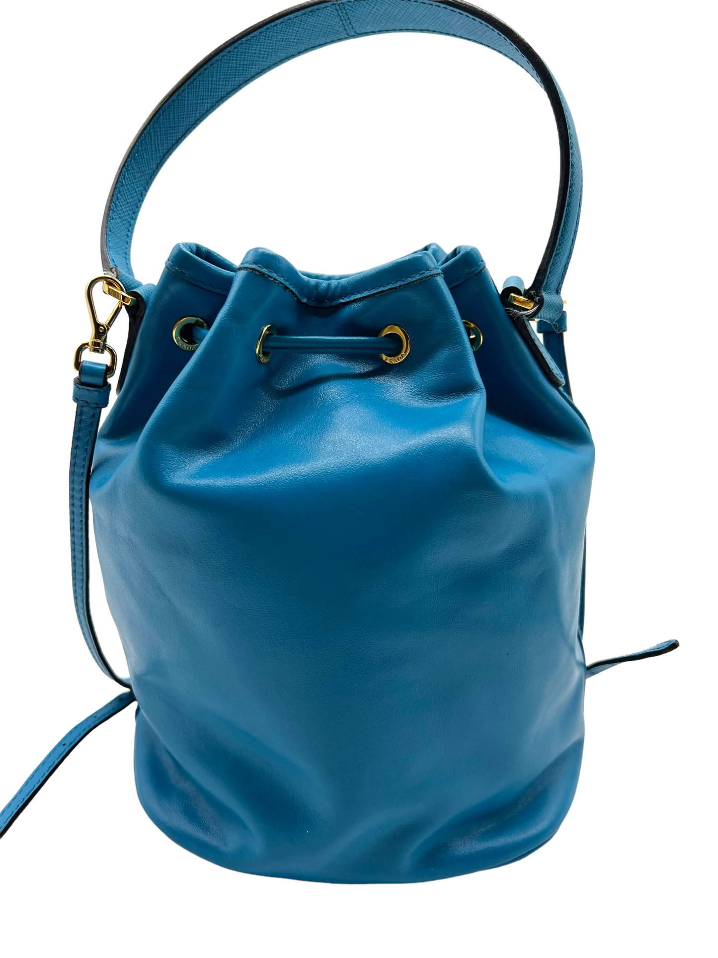 Prada Blue Leather Small Drawstring Bucket Handbag