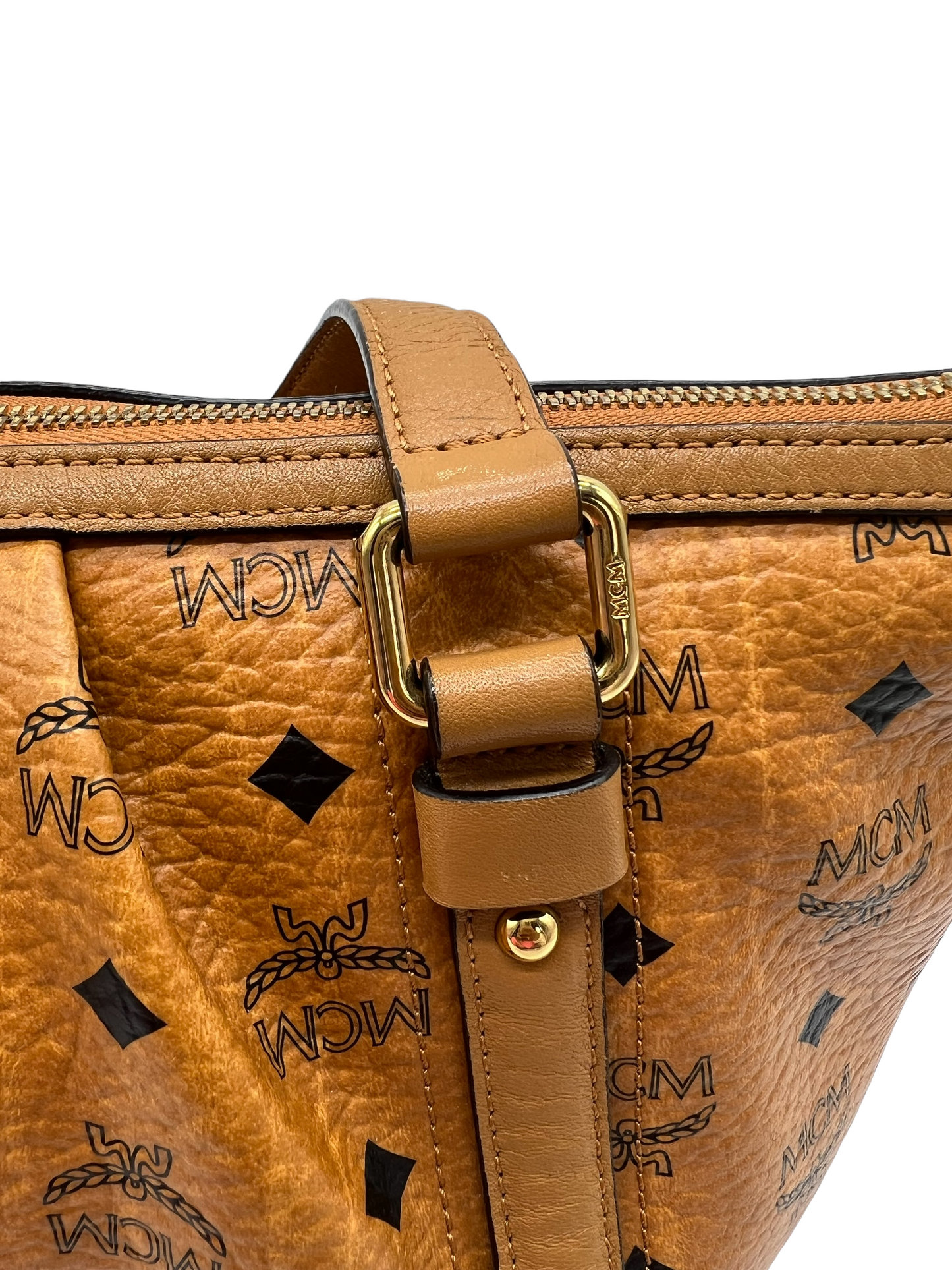 MCM Cognac Tan Visetos Heritage Pleated Buckle Shoulder Bag