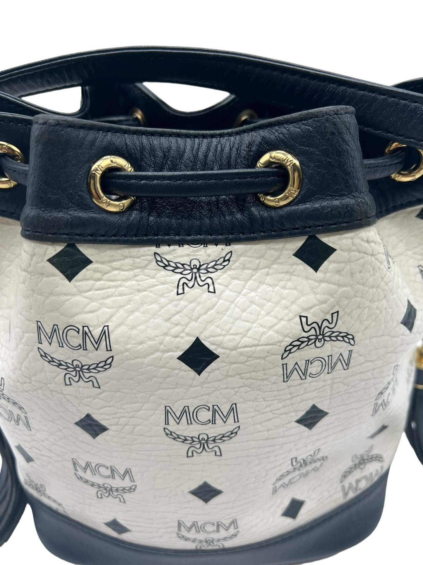 MCM Vintage White Navy Heritage Visetos Mini Bucket Crossbody