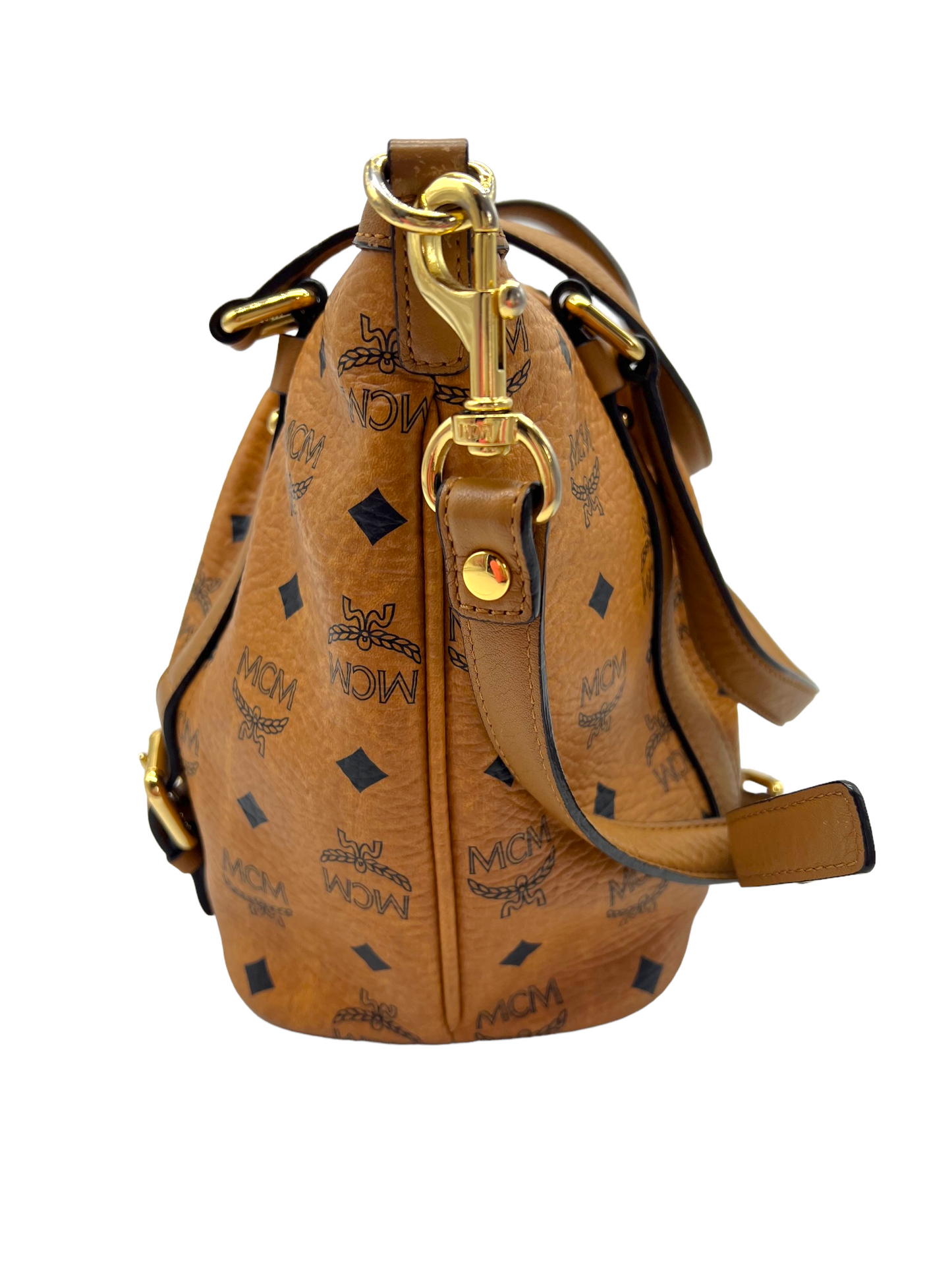 MCM Cognac Tan Visetos Heritage Pleated Buckle Shoulder Bag