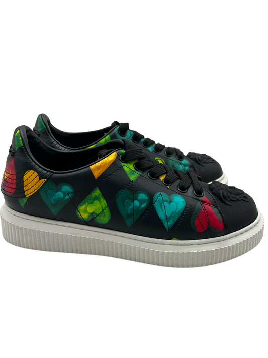 Versace Black Heart Print Medusa Head Low Top Size 38 Sneakers