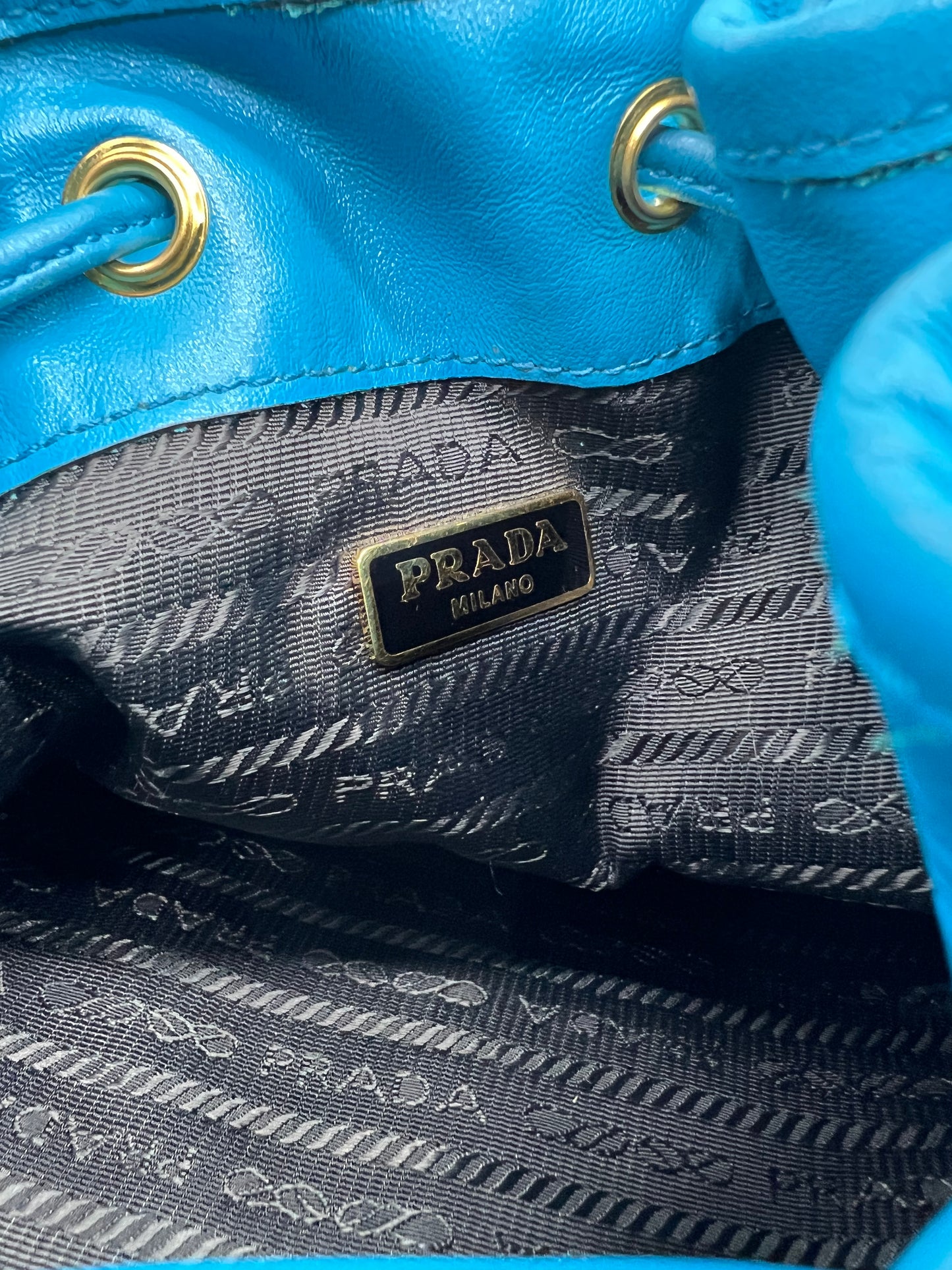 Prada Blue Leather Small Drawstring Bucket Handbag
