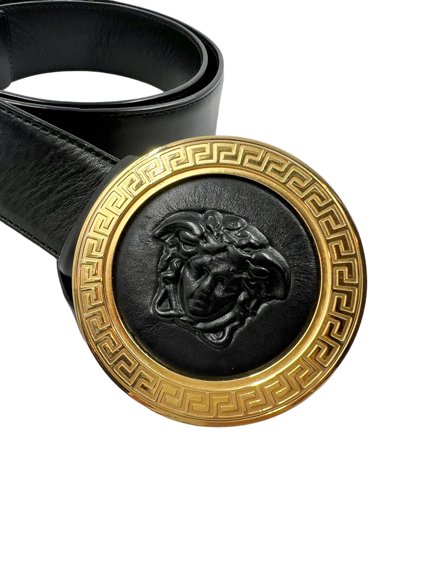 Versace Black Size 90/38 Large Round Medusa Leather Buckle Belt