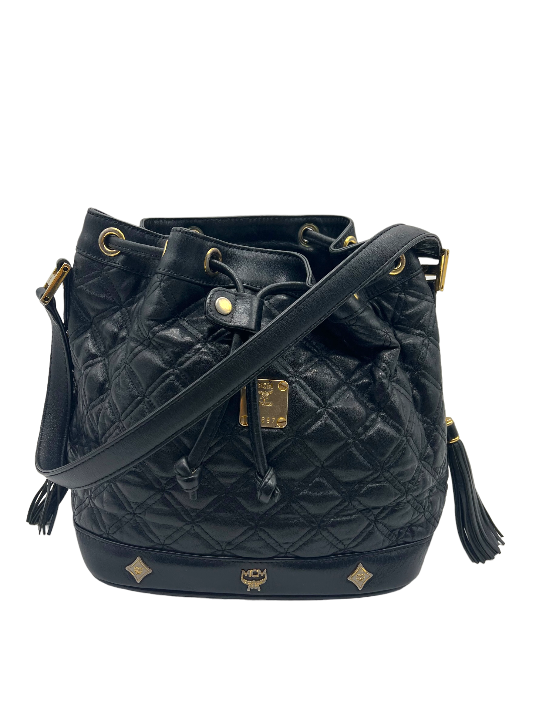 MCM Vintage Black Leather Quilted Drawstring Bucket Bag – Shop Luxe Society