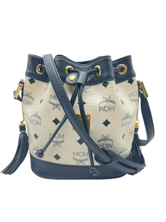 MCM Vintage White Navy Heritage Visetos Mini Bucket Crossbody