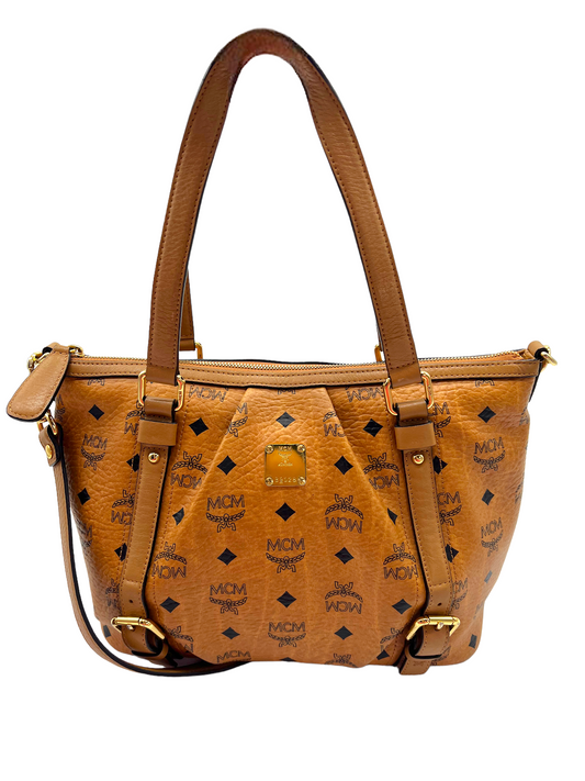 MCM Cognac Tan Visetos Heritage Pleated Buckle Shoulder Bag
