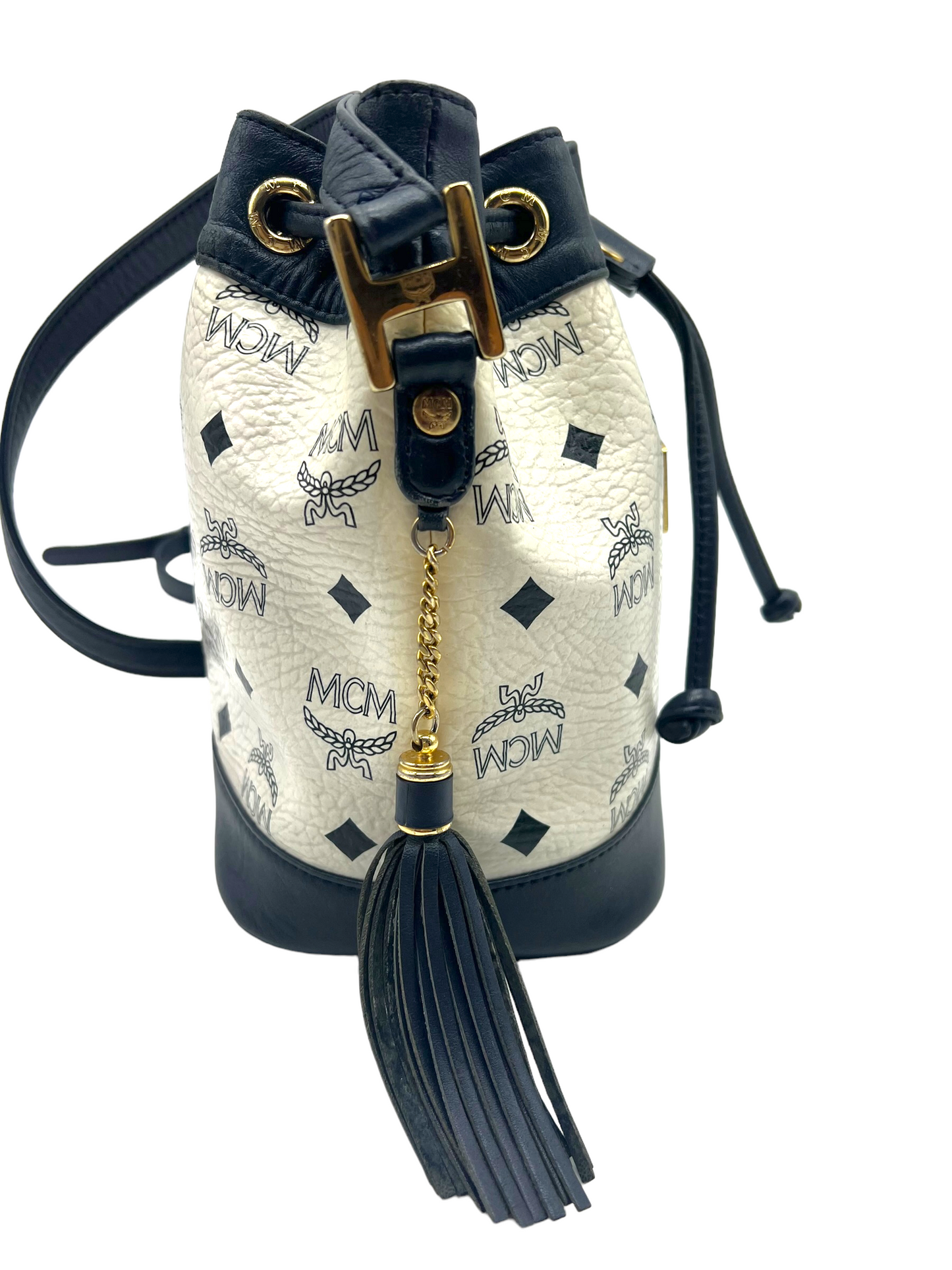 MCM Vintage White Navy Heritage Visetos Mini Bucket Crossbody