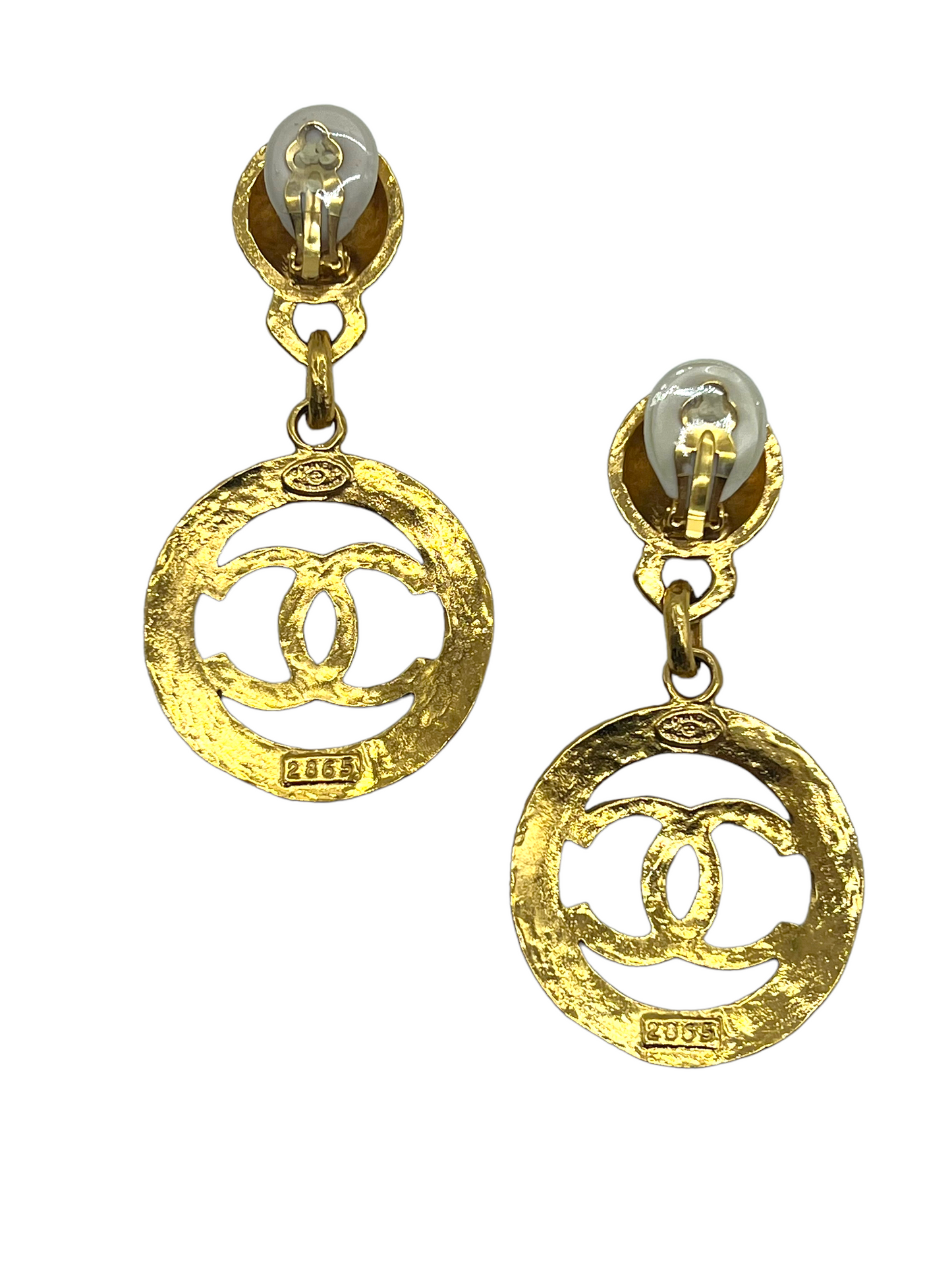 Chanel Gold Vintage Collection 28 'Chanel Paris' Hammered Clip On Drop Earrings