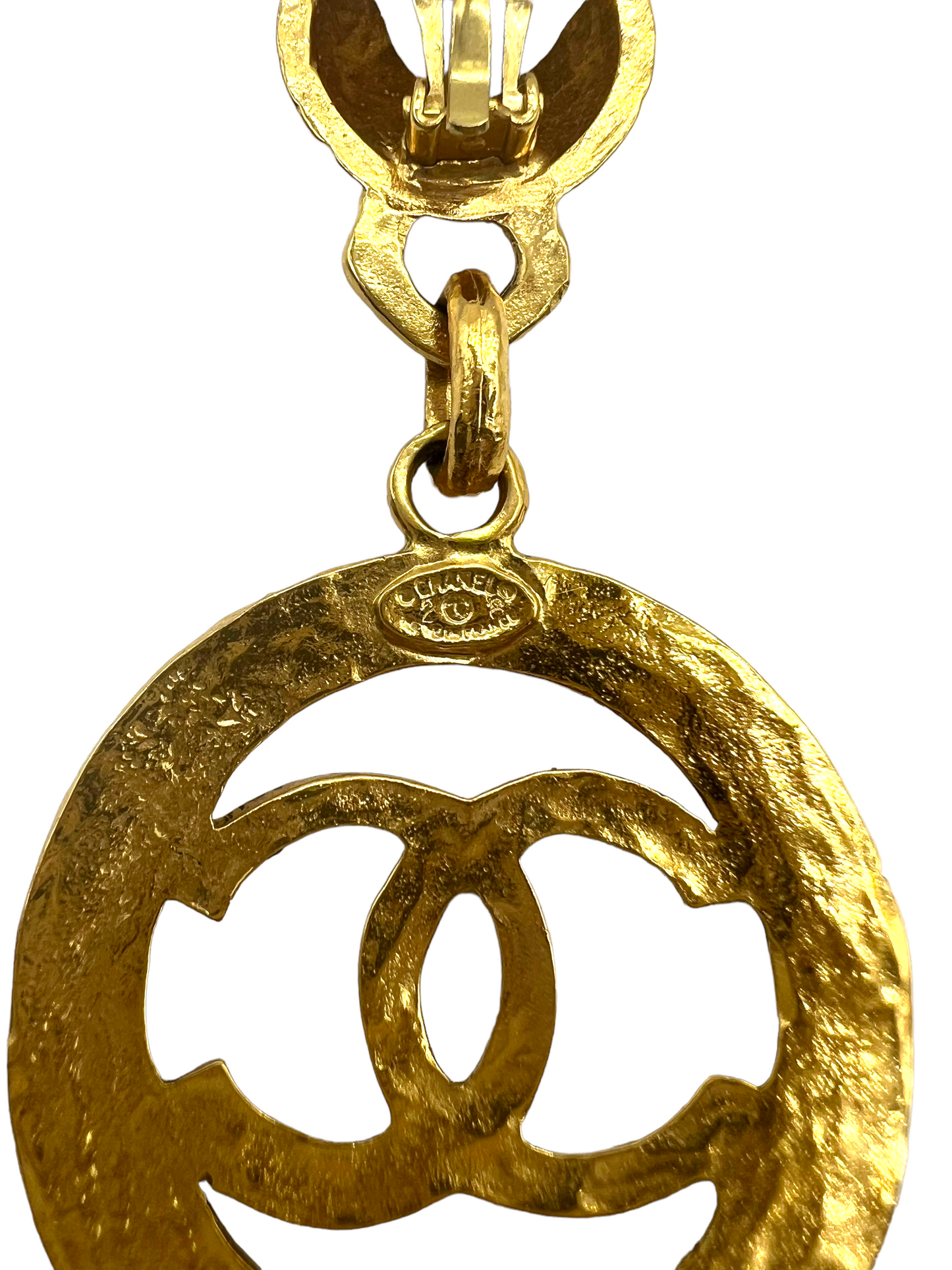 Chanel Gold Vintage Collection 28 'Chanel Paris' Hammered Clip On Drop Earrings