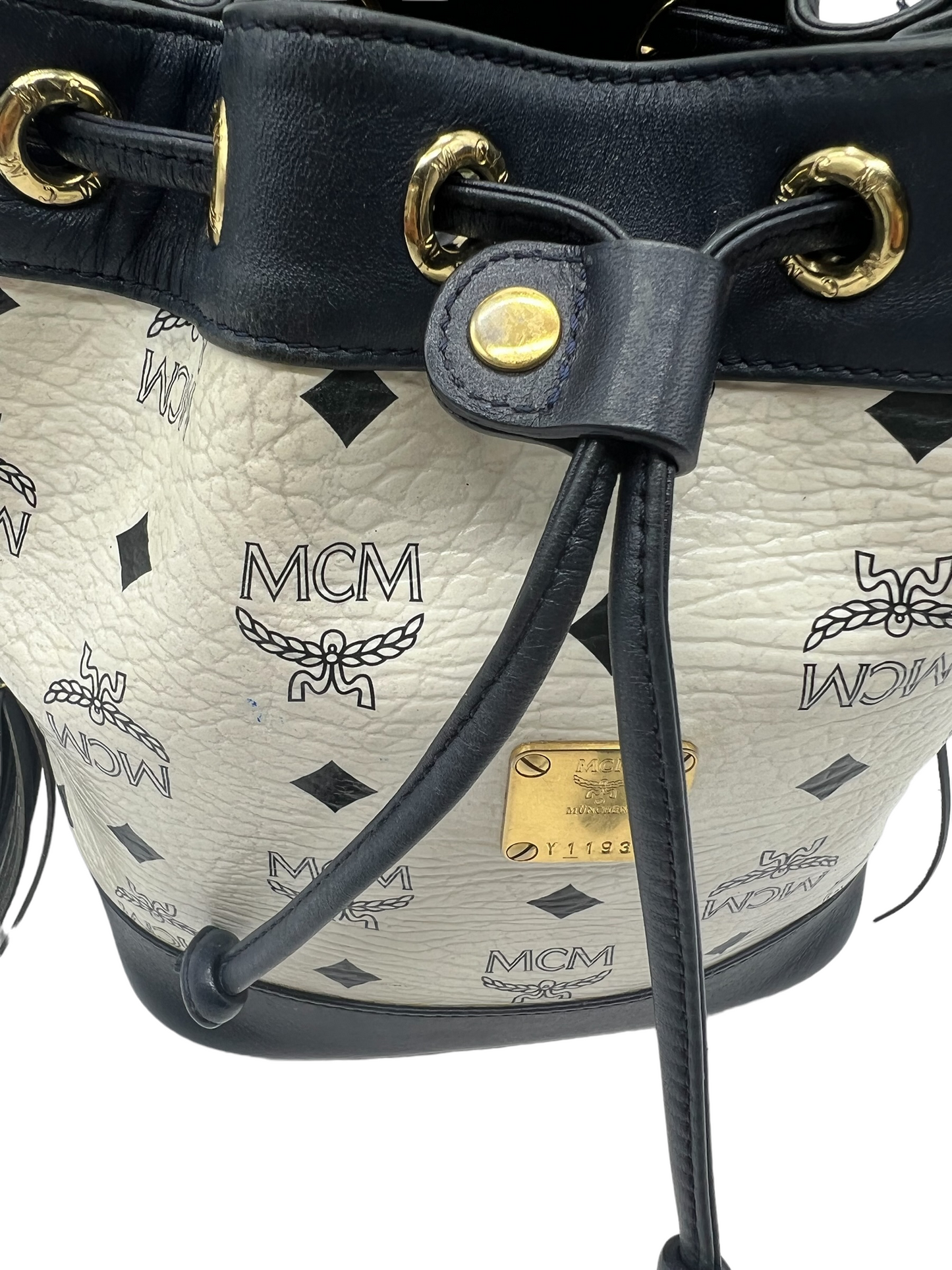 MCM Vintage White Navy Heritage Visetos Mini Bucket Crossbody