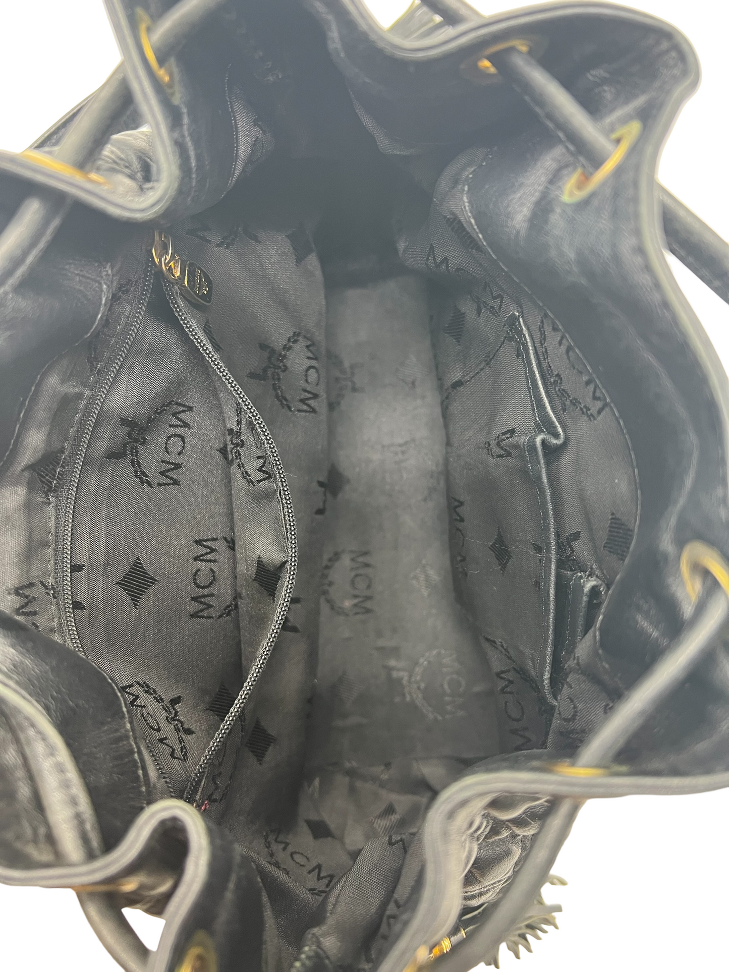 MCM Vintage Black Leather Quilted Drawstring Bucket Bag