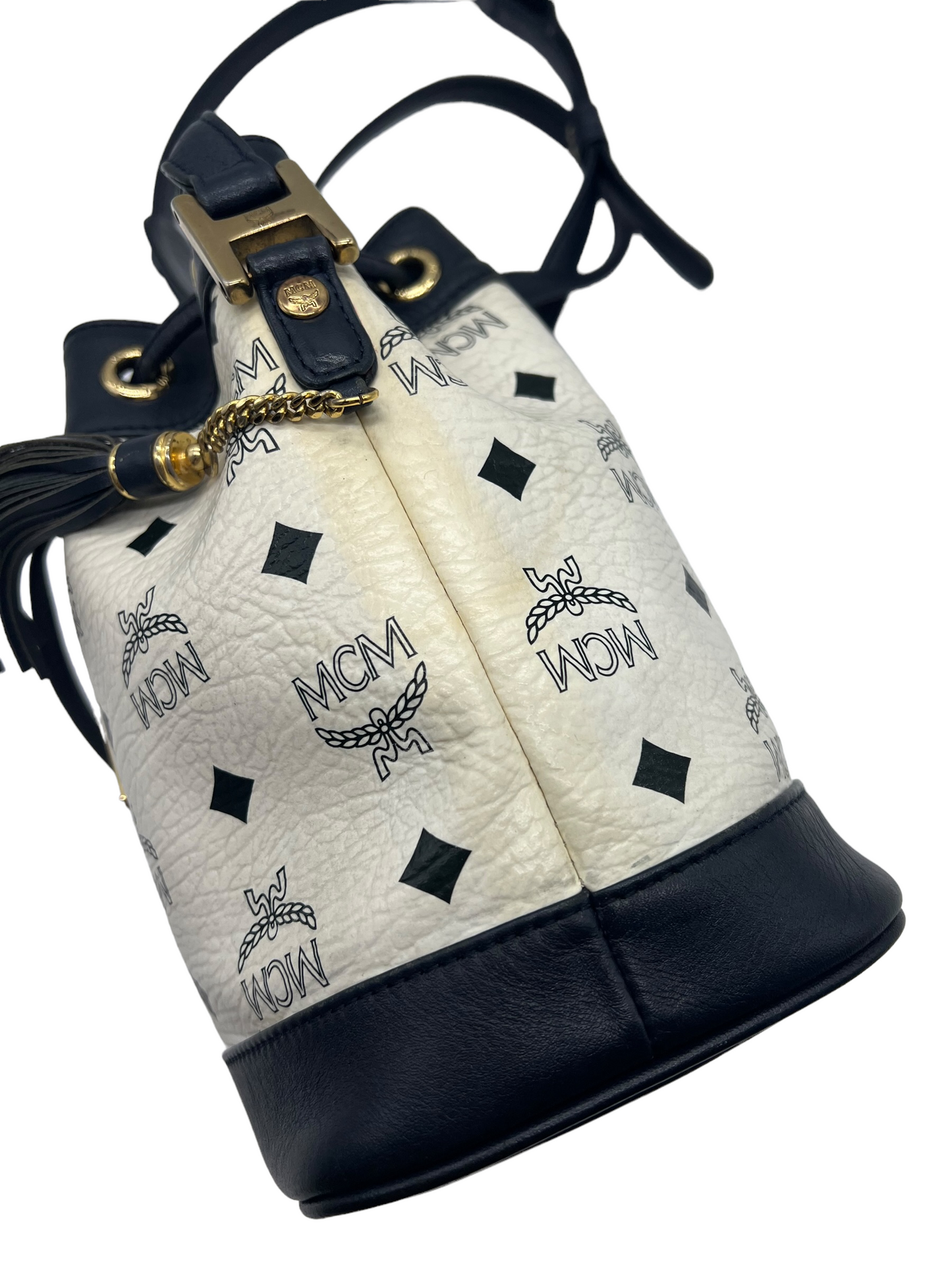 MCM Vintage White Navy Heritage Visetos Mini Bucket Crossbody