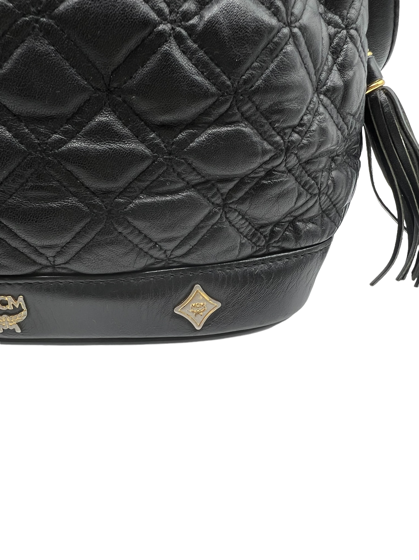 MCM Vintage Black Leather Quilted Drawstring Bucket Bag