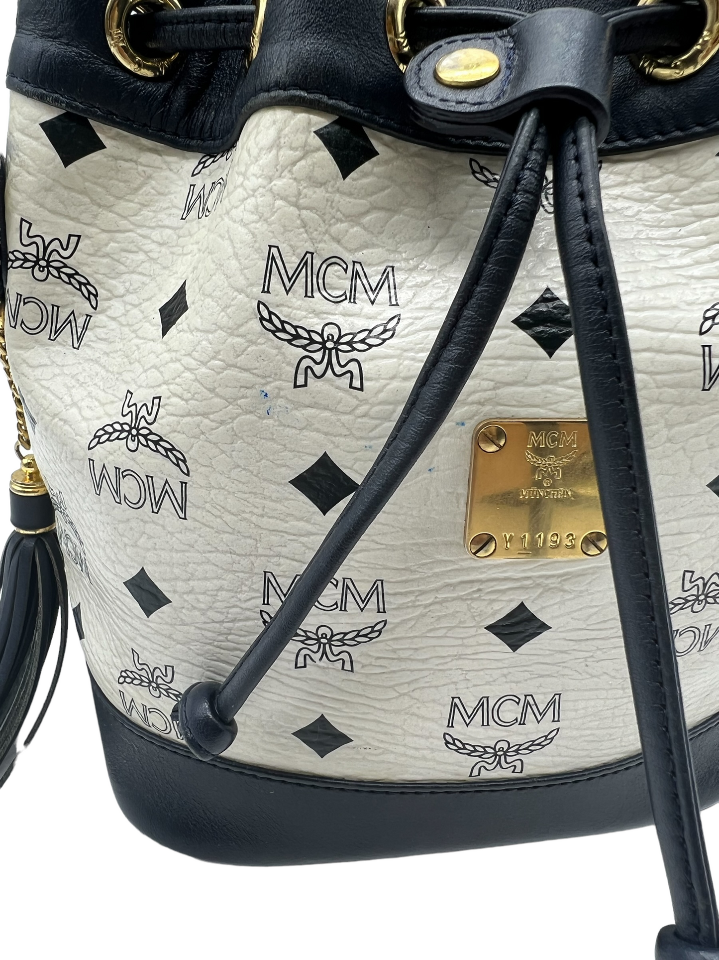 MCM Vintage White Navy Heritage Visetos Mini Bucket Crossbody