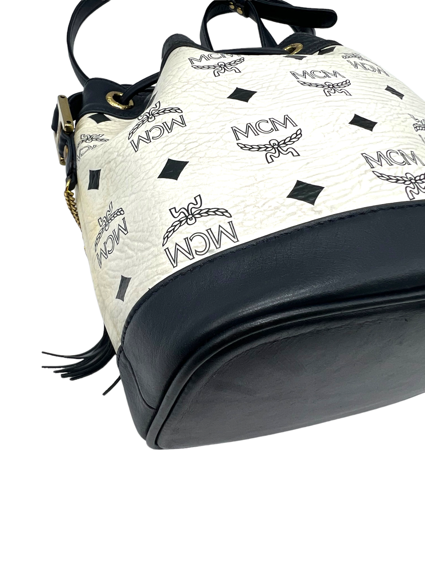 MCM Vintage White Navy Heritage Visetos Mini Bucket Crossbody