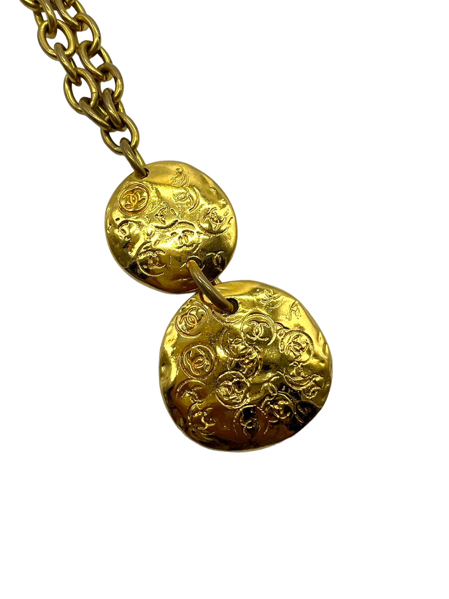 Chanel Gold Vintage 1993 CC Stamped Double Disk Necklace