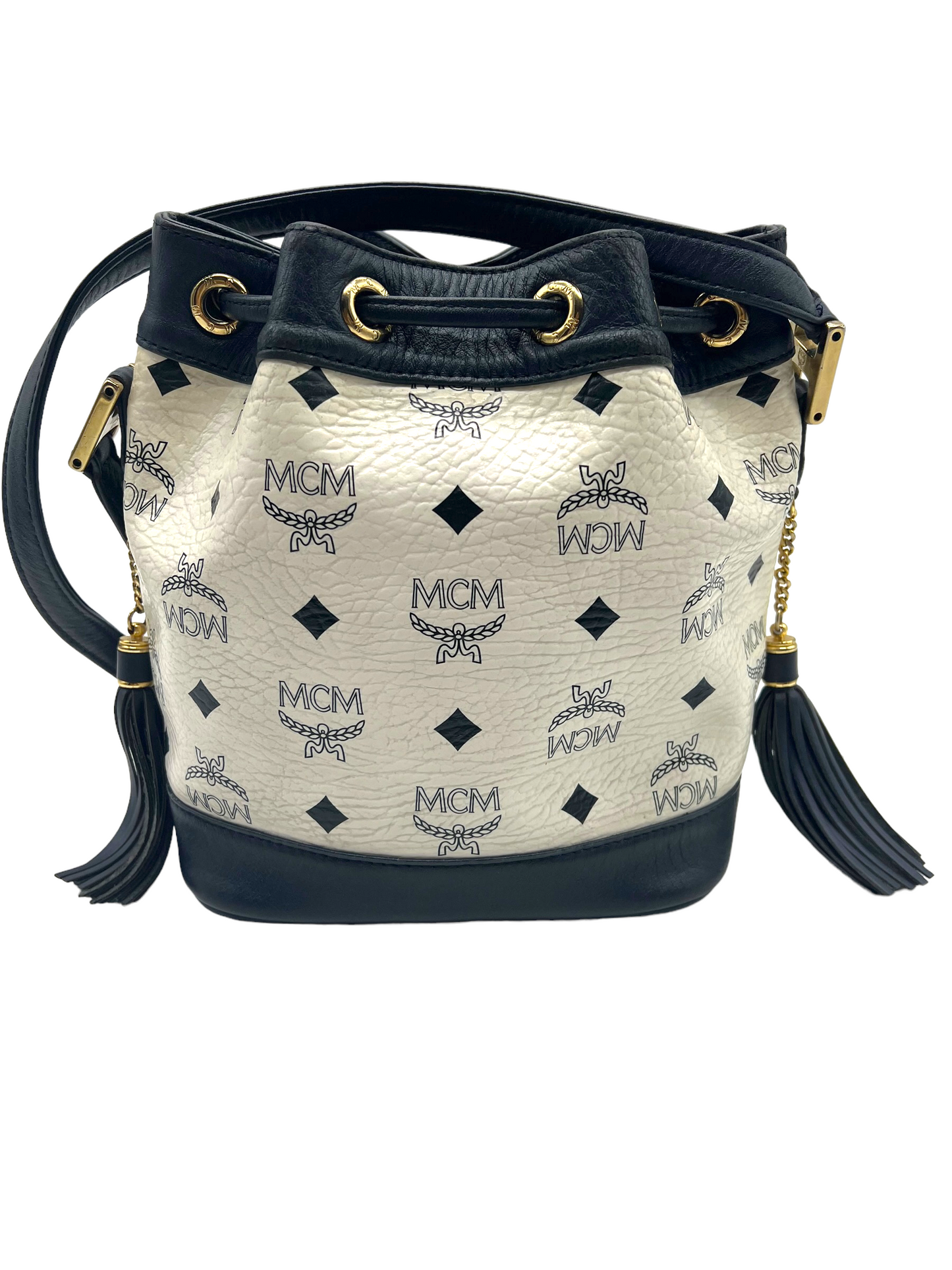 MCM Vintage White Navy Heritage Visetos Mini Bucket Crossbody