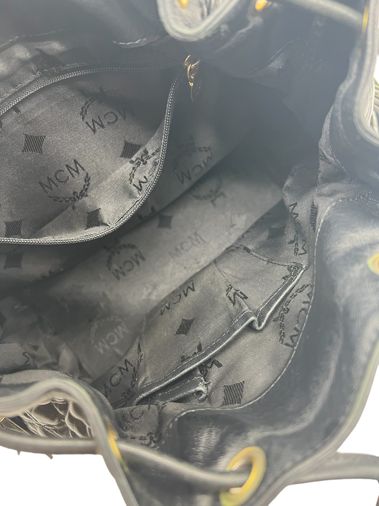 MCM Vintage Black Leather Quilted Drawstring Bucket Bag