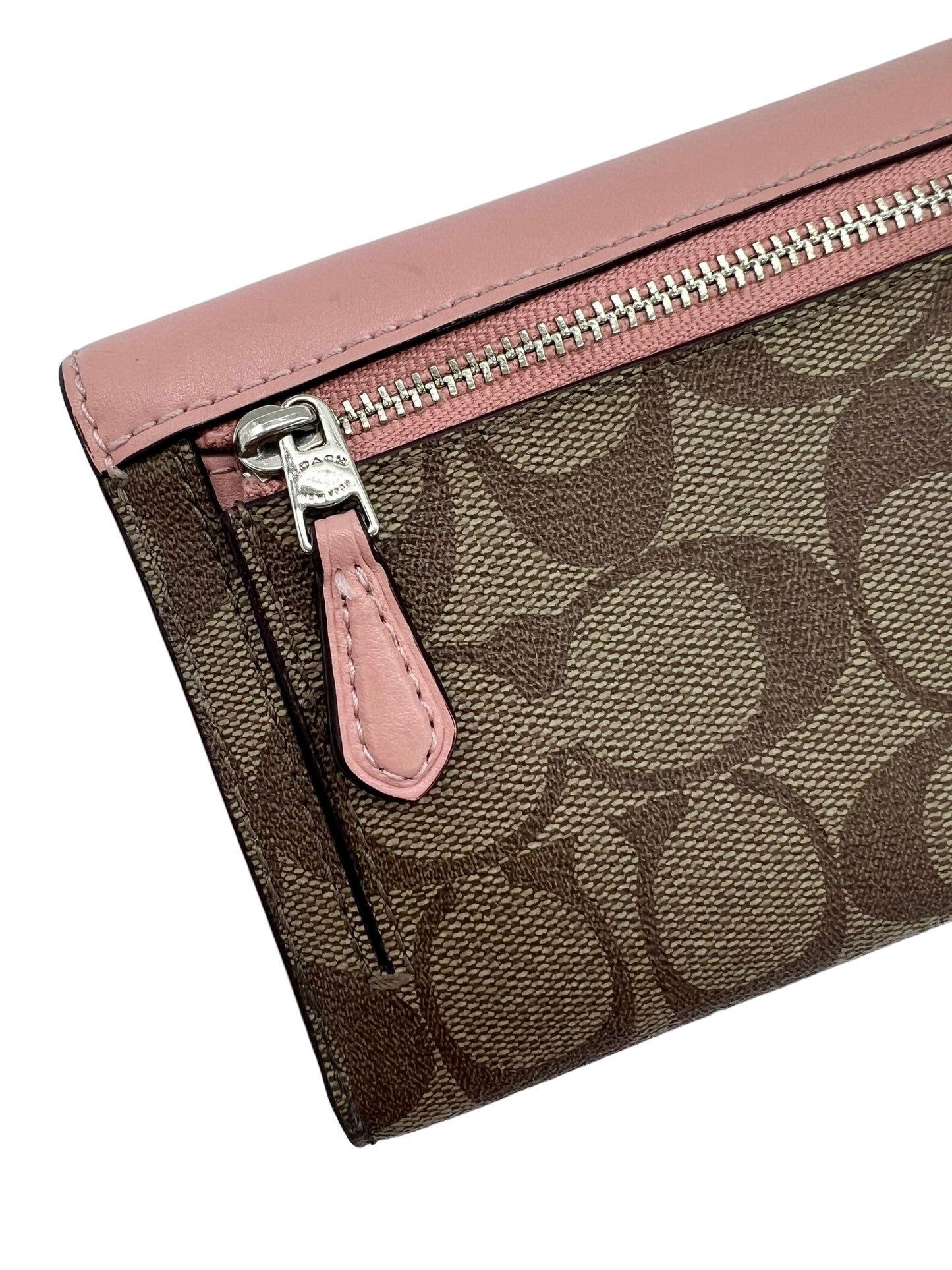 Coach Brown Signature Print Pink Flap Wallet