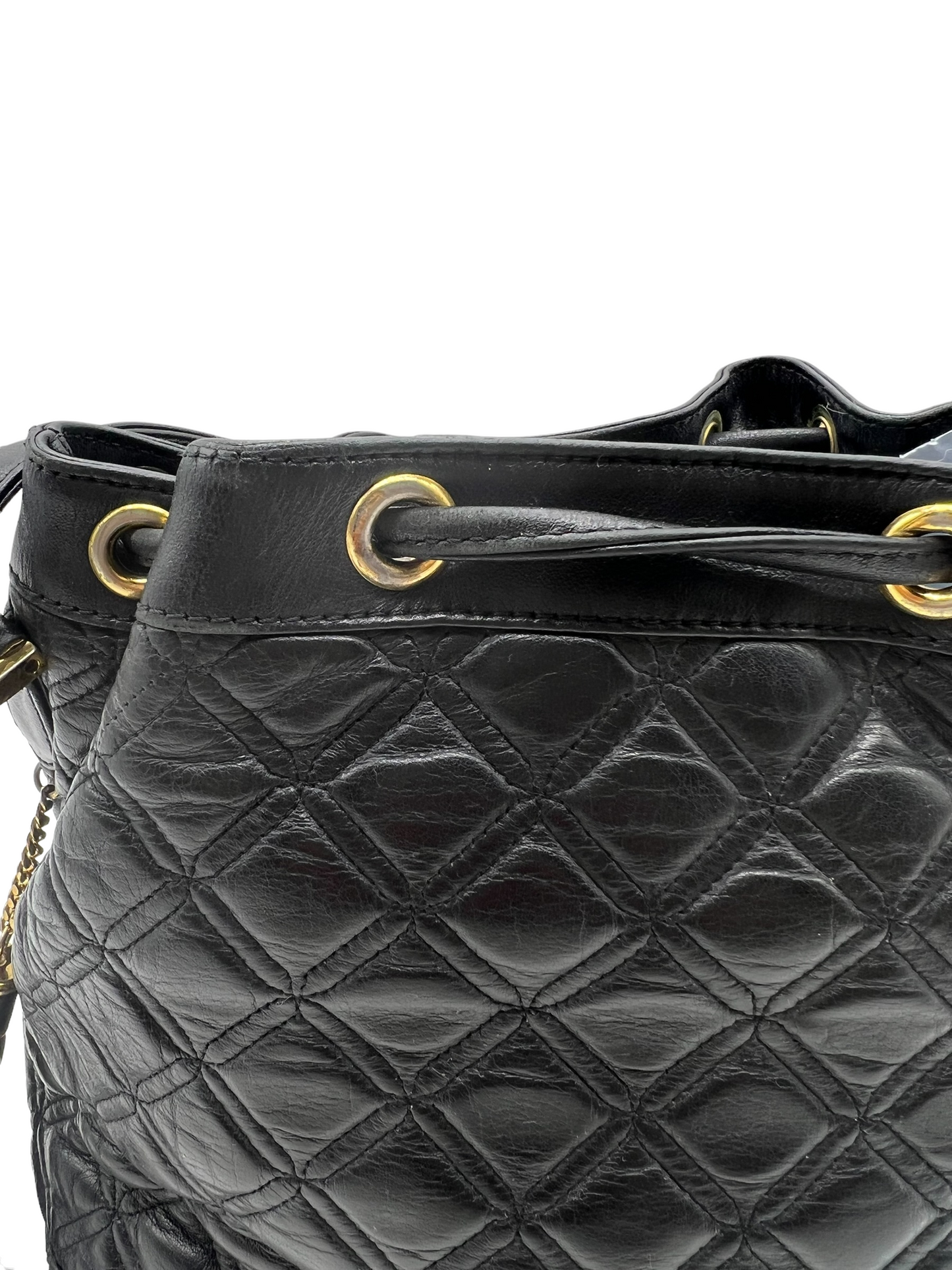 MCM Vintage Black Leather Quilted Drawstring Bucket Bag