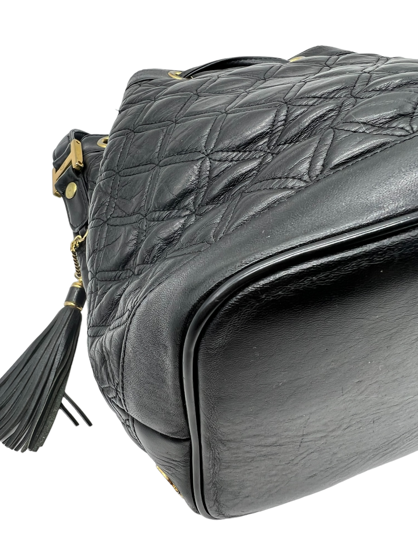 MCM Vintage Black Leather Quilted Drawstring Bucket Bag