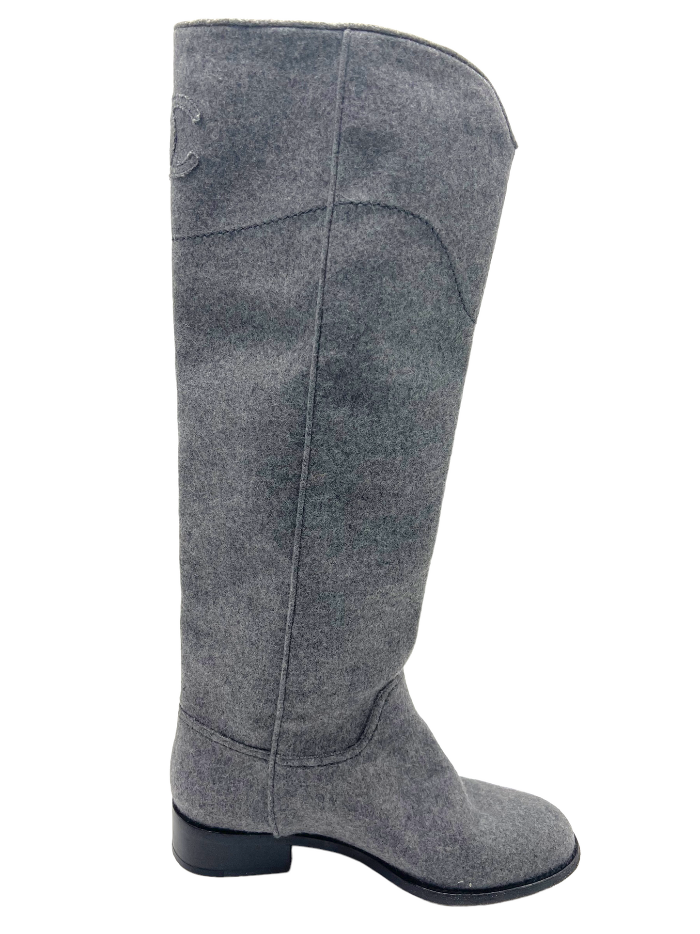 Chanel Gray Knit CC Logo Size 38 Riding Boots