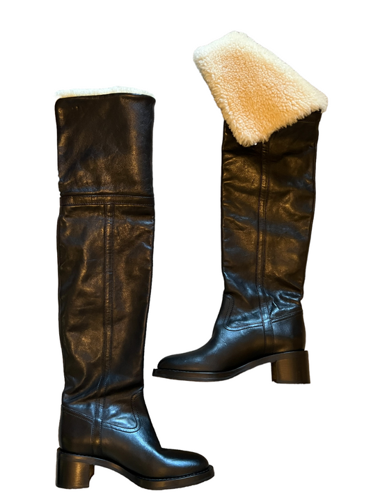 Celine Black Foldover OTK Folco Shearling Size 39 Boots