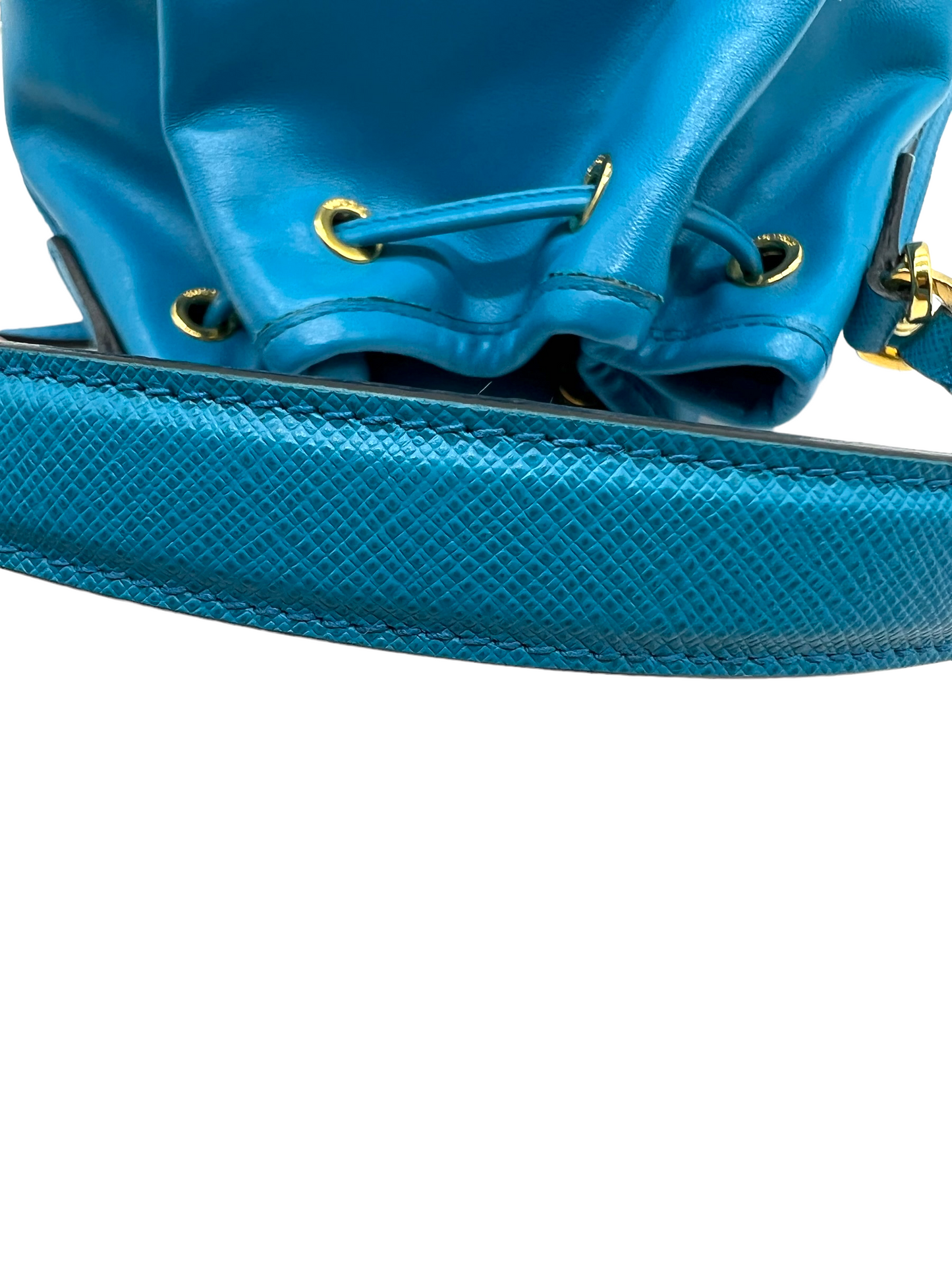 Prada Blue Leather Small Drawstring Bucket Handbag