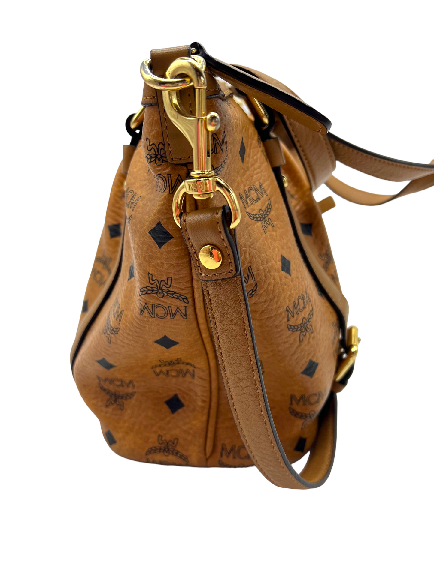 MCM Cognac Tan Visetos Heritage Pleated Buckle Shoulder Bag