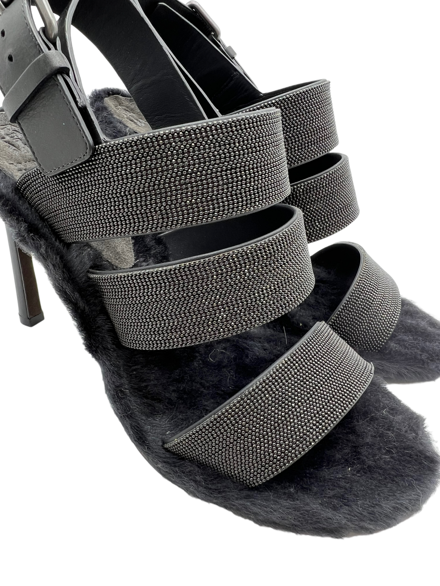 Brunello Cucinelli Black Beaded Fur Lined Size 37 Heels