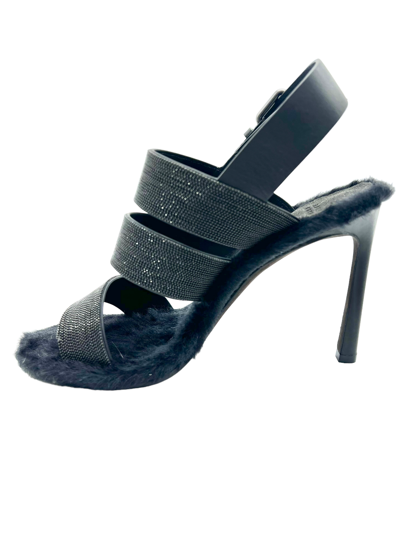 Brunello Cucinelli Black Beaded Fur Lined Size 37 Heels