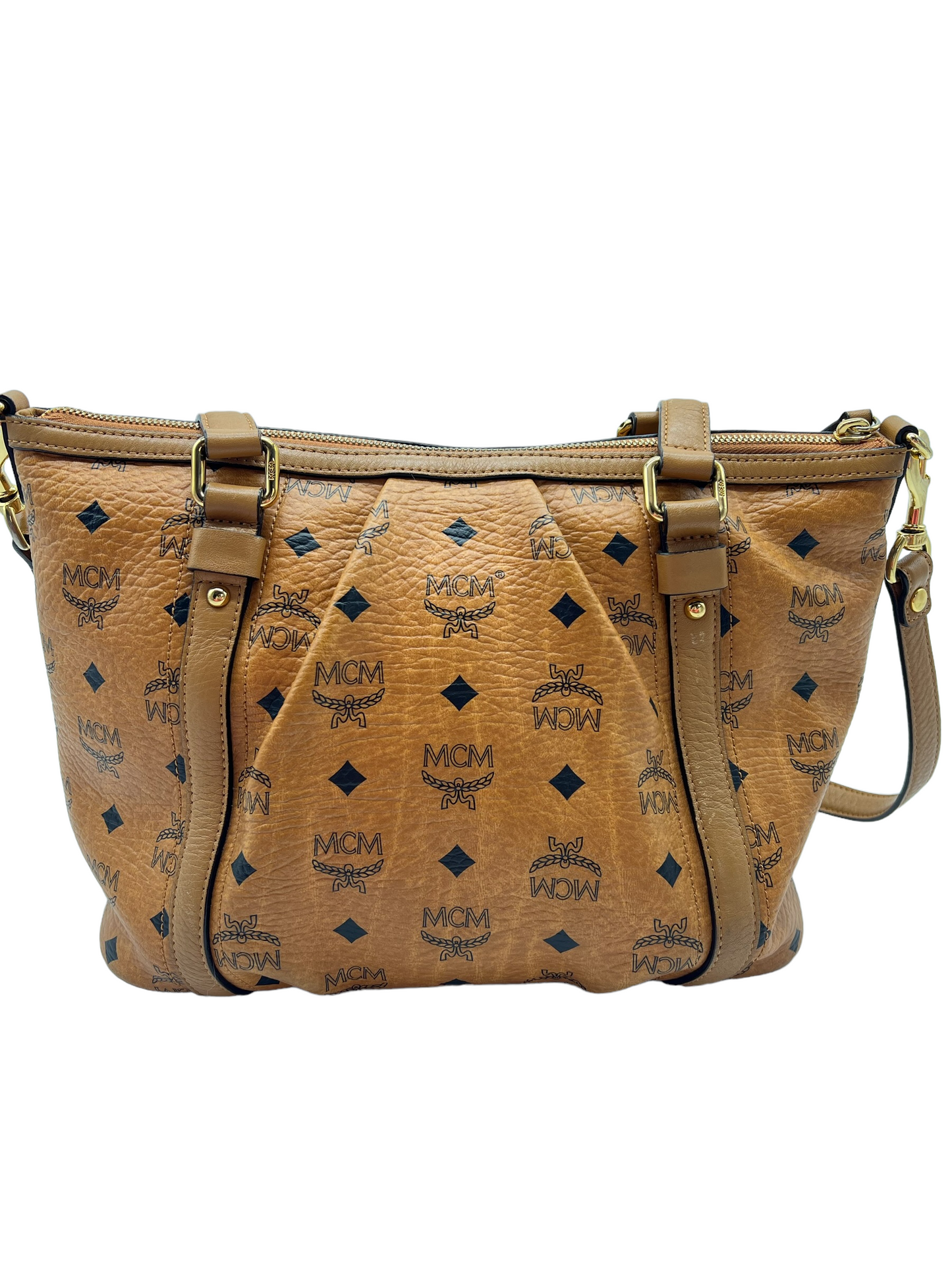 MCM Cognac Tan Visetos Heritage Pleated Buckle Shoulder Bag