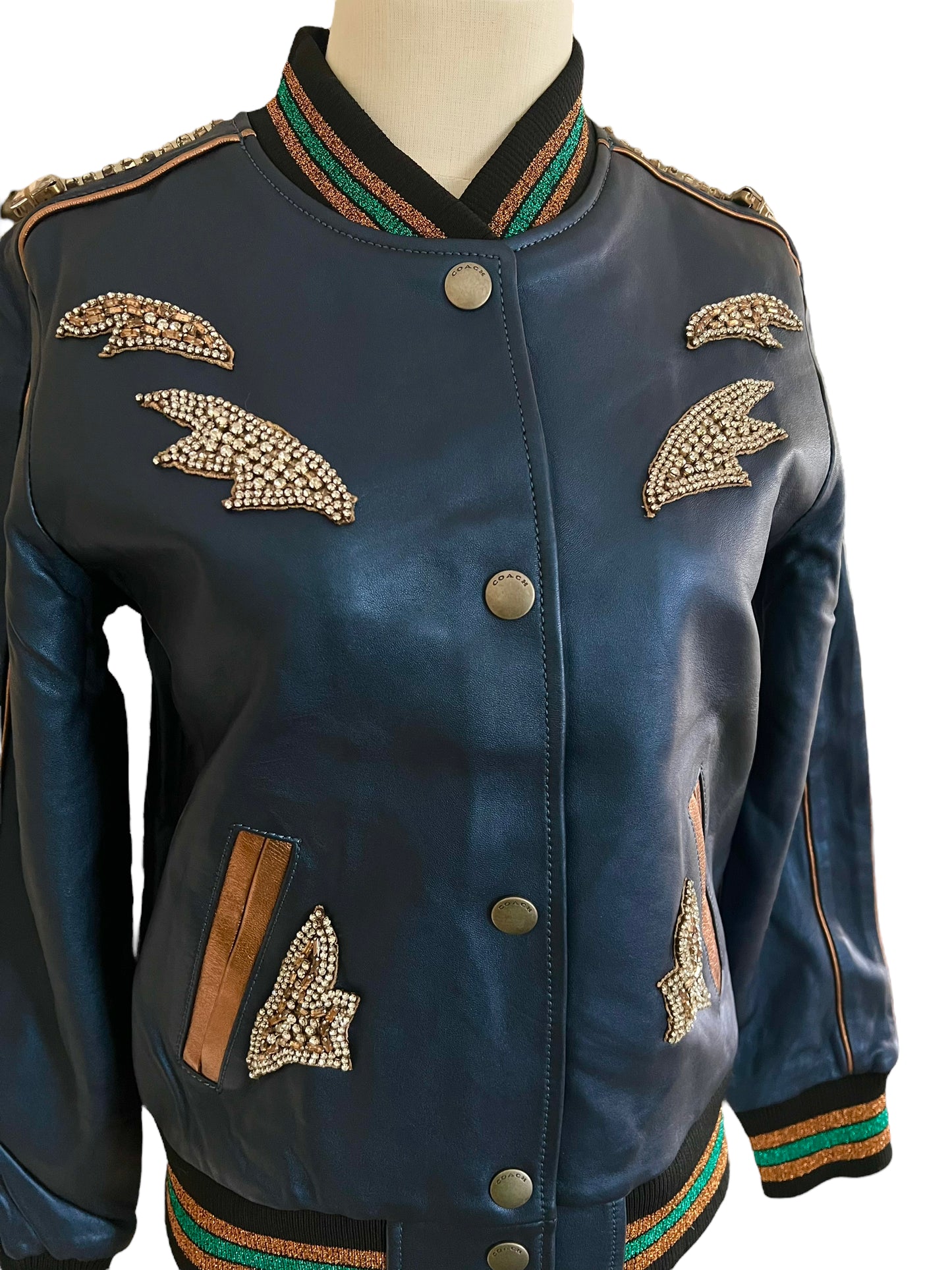 Coach Size 2 Metallic Leather Cadet Blue Shrunken Leather Embellished Varsity Jacket