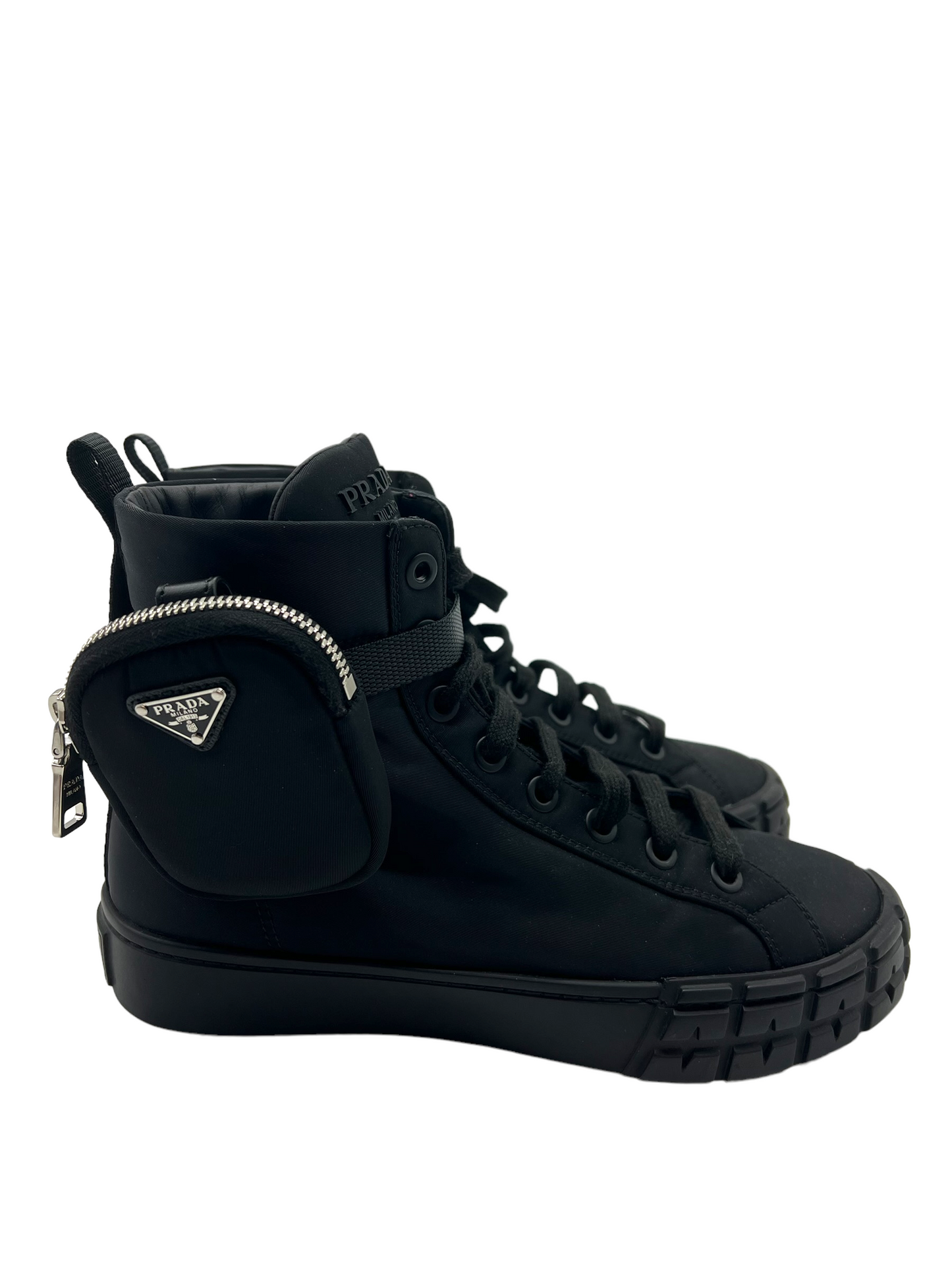 Prada Black Pouch Pocket Nylon Women's Size 40 High Top Sneakers