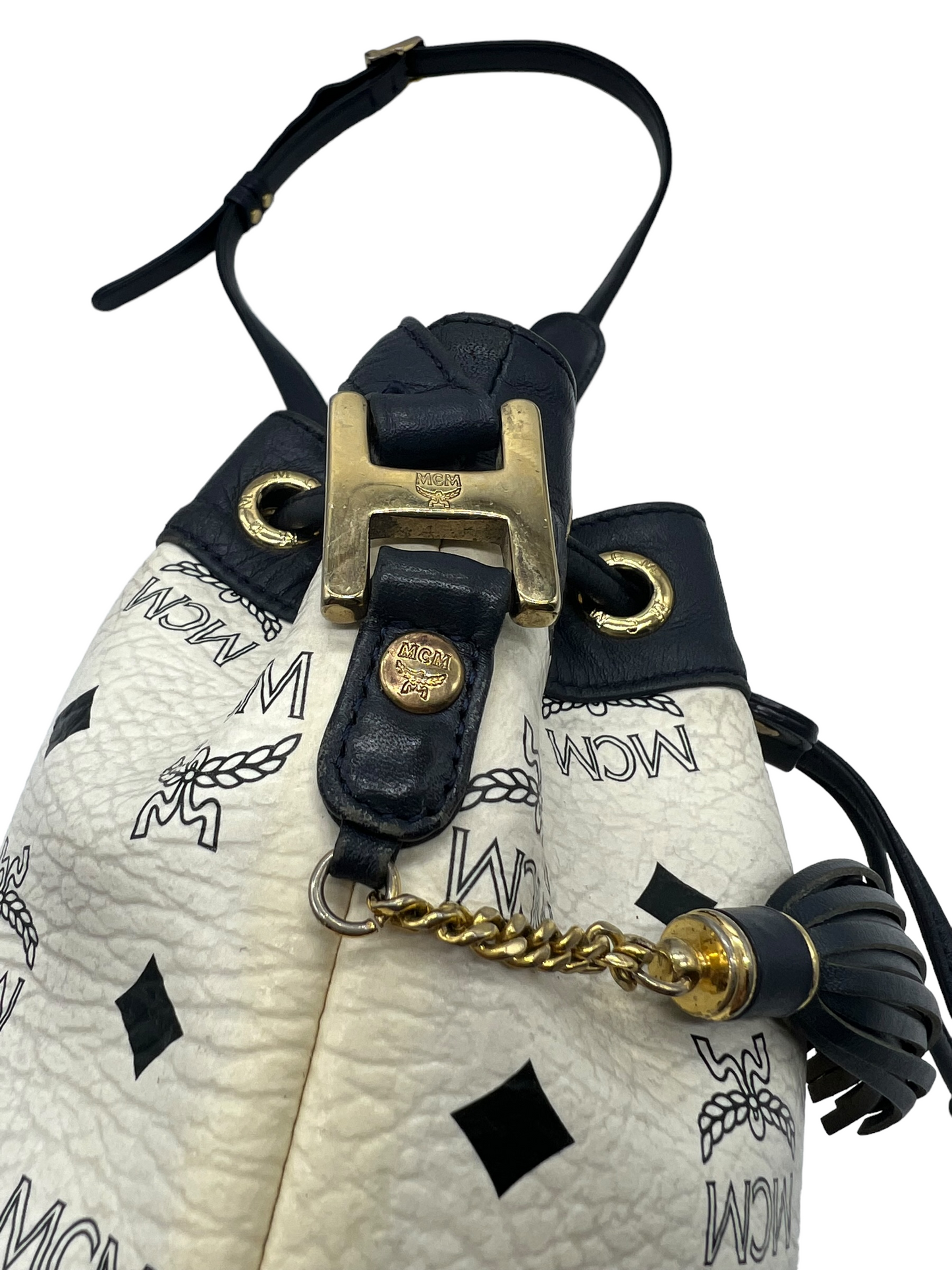 MCM Vintage White Navy Heritage Visetos Mini Bucket Crossbody