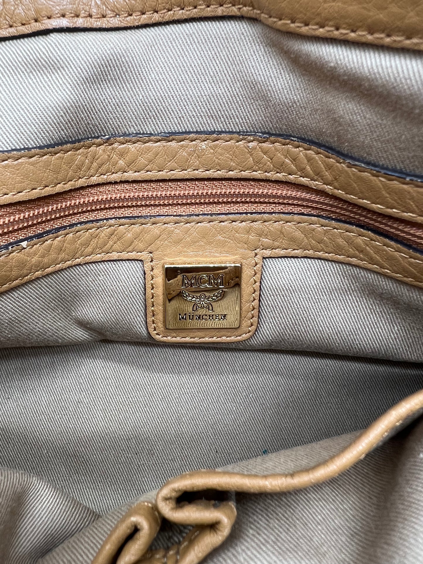 MCM Cognac Tan Visetos Heritage Pleated Buckle Shoulder Bag