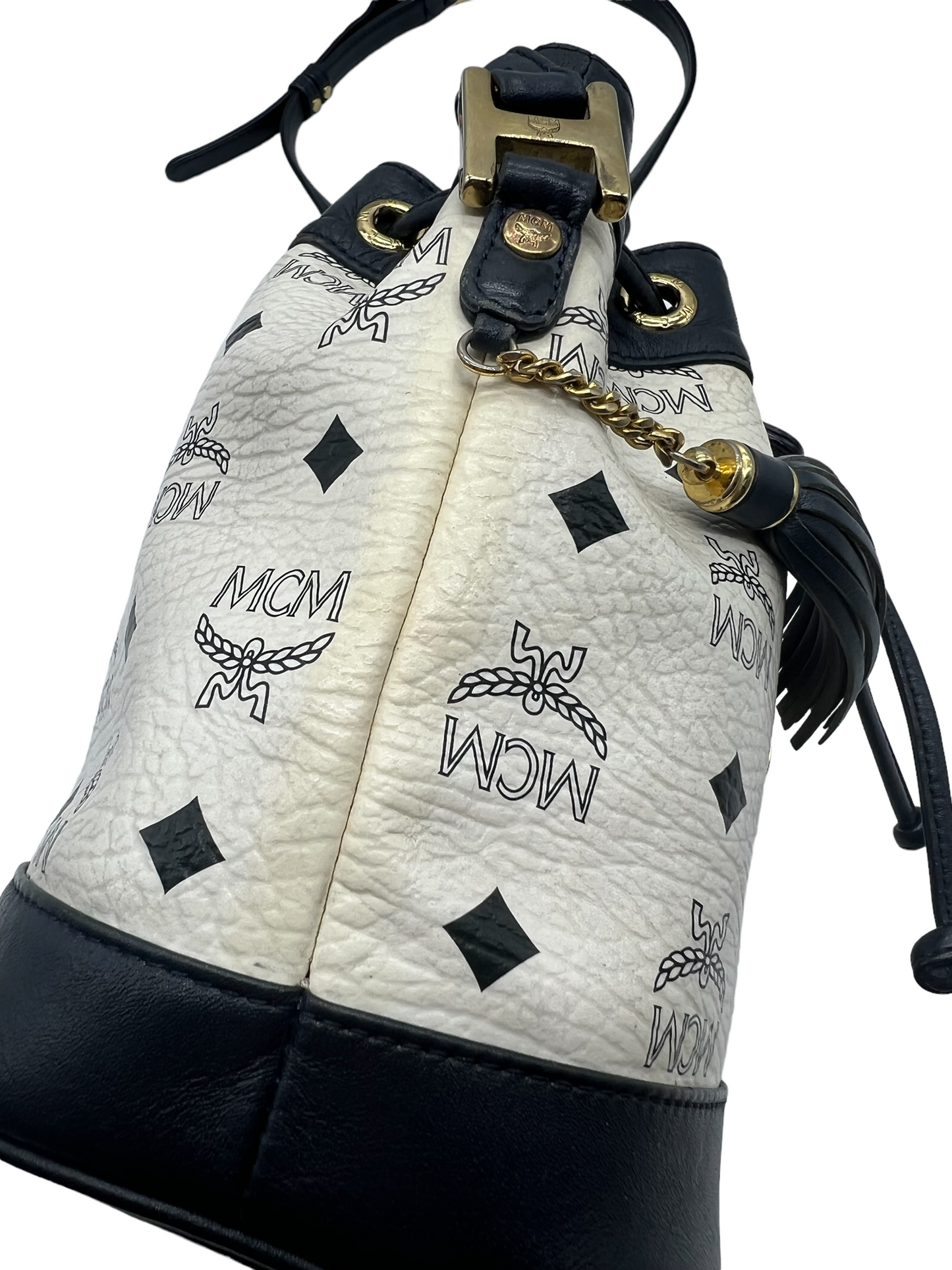 MCM Vintage White Navy Heritage Visetos Mini Bucket Crossbody