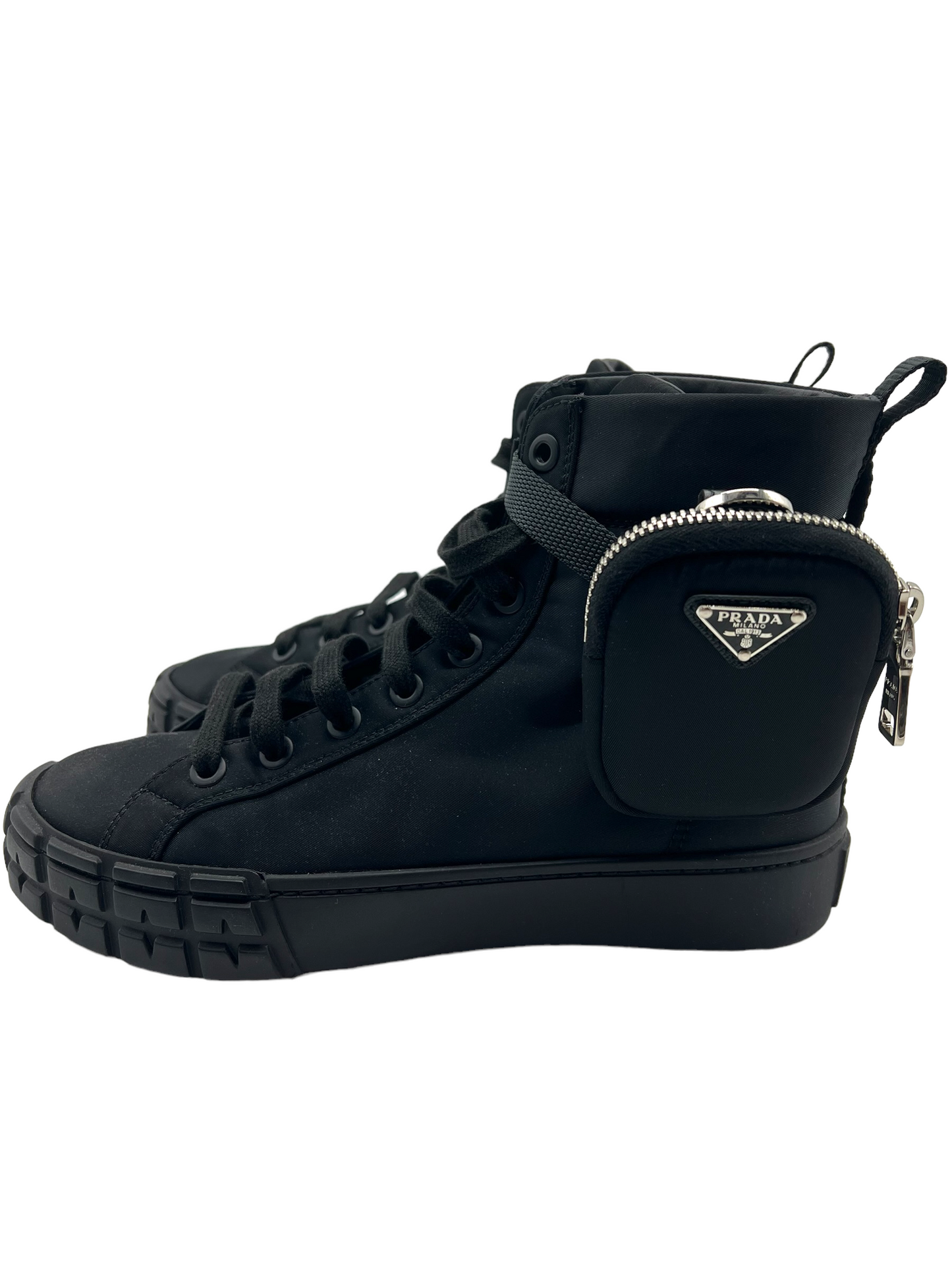 Prada Black Pouch Pocket Nylon Women's Size 40 High Top Sneakers