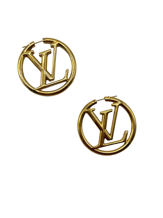 Louis Vuitton Gold Louise GM Logo Hoop Earrings