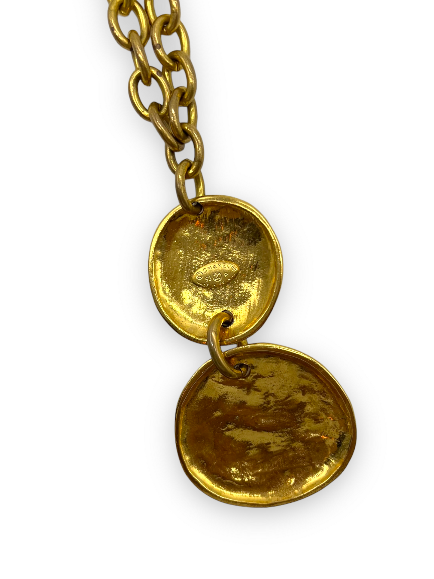 Chanel Gold Vintage 1993 CC Stamped Double Disk Necklace